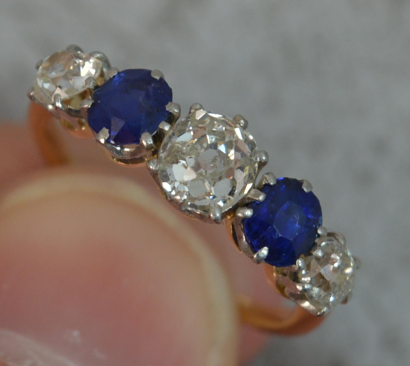 Victorian 1.2 Carat Old Cut Diamond Sapphire 18 Carat Gold Five-Stone Stack Ring In Excellent Condition In St Helens, GB