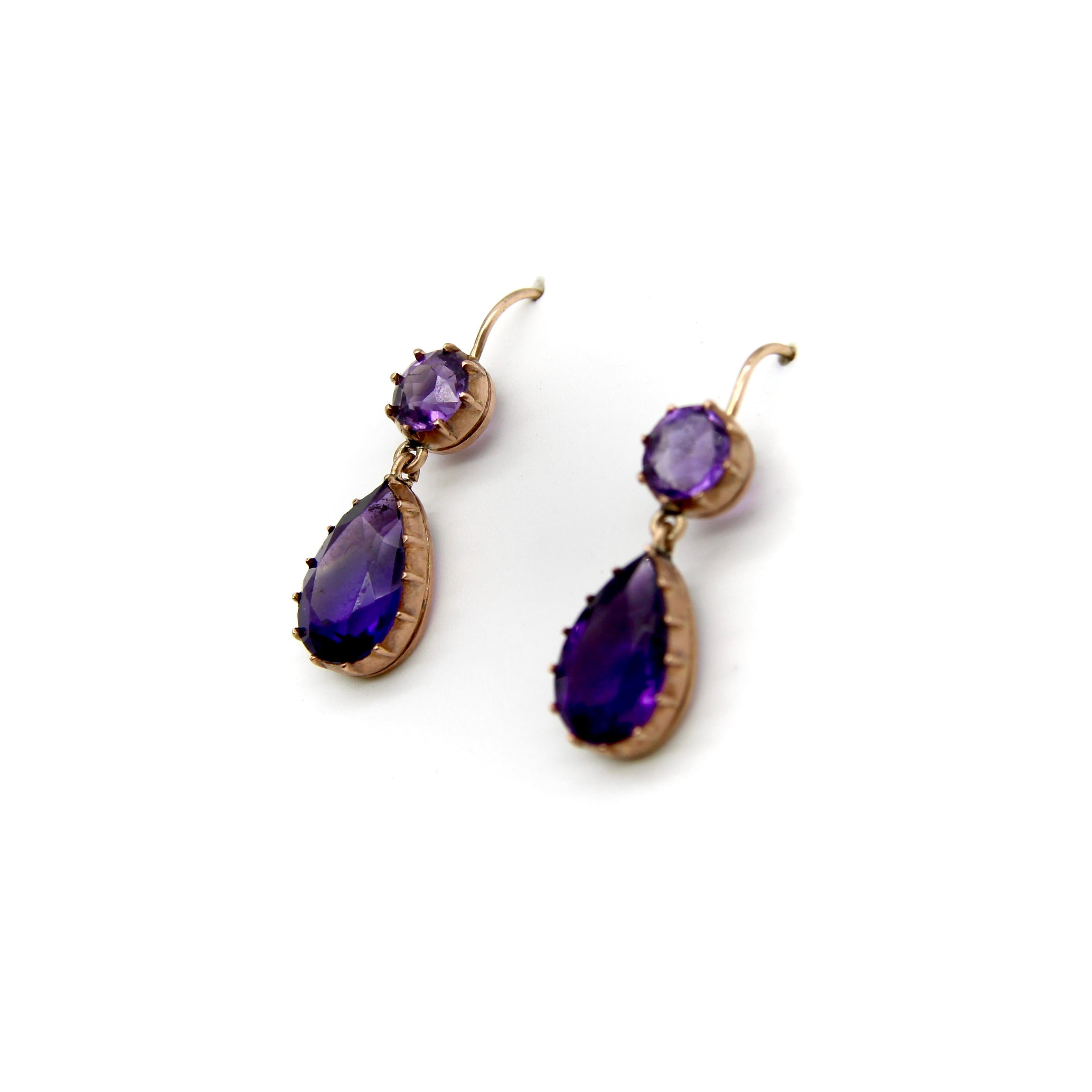 Victorian 12K Gold Collet Set Amethyst Drop Earrings  In Good Condition For Sale In Venice, CA