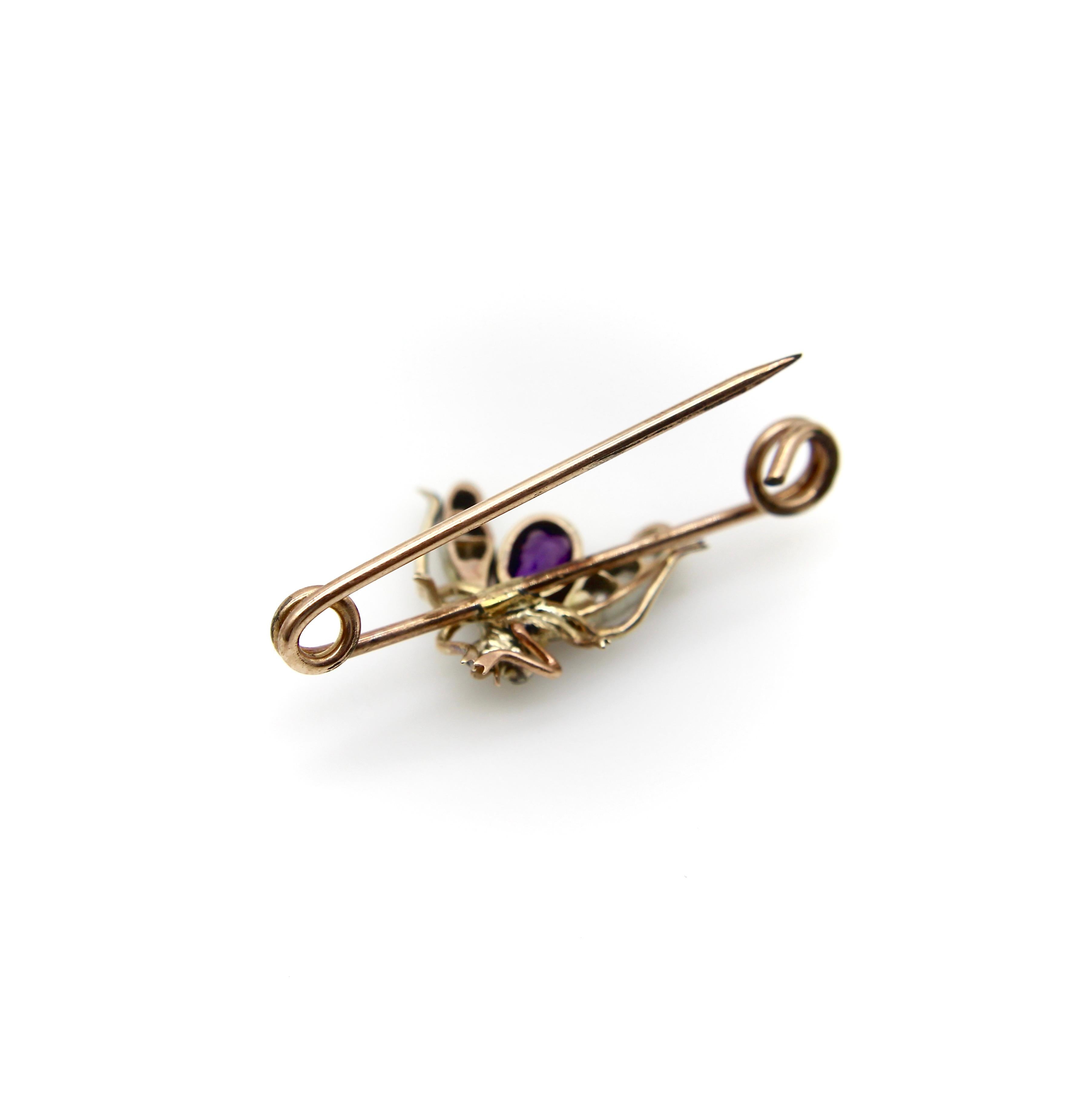 Rose Cut Victorian 12K Gold Diamond, Amethyst, Pearl, and Garnet Fly Brooch  For Sale