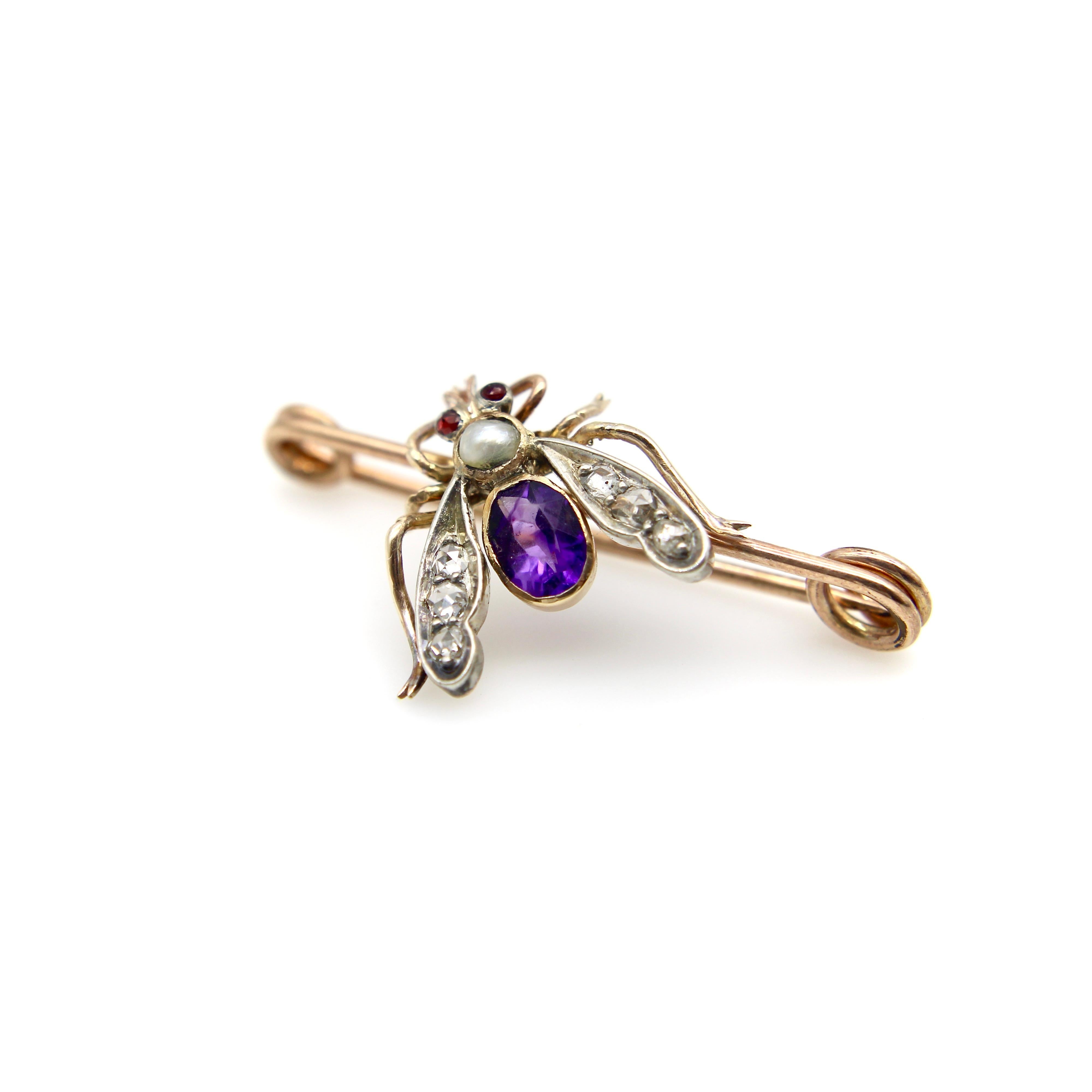 Victorian 12K Gold Diamond, Amethyst, Pearl, and Garnet Fly Brooch  For Sale 1