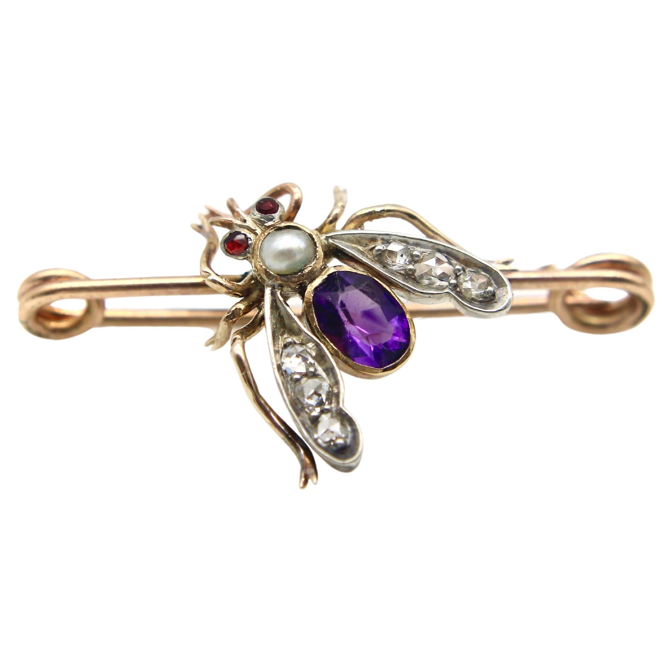 Victorian 12K Gold Diamond, Amethyst, Pearl, and Garnet Fly Brooch  For Sale