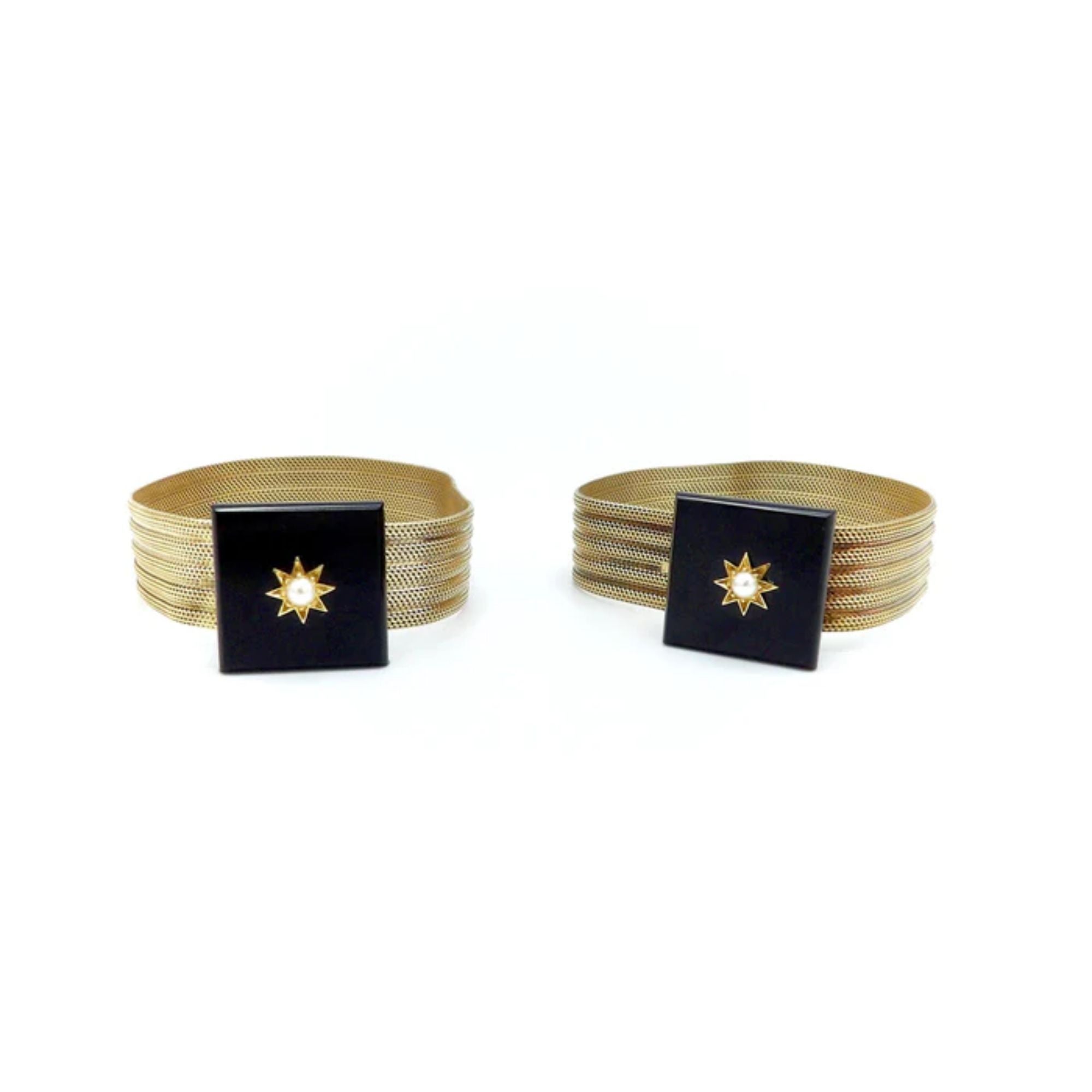 Pulseras de luto victorianas de ónice y perlas de oro de 12 quilates en venta