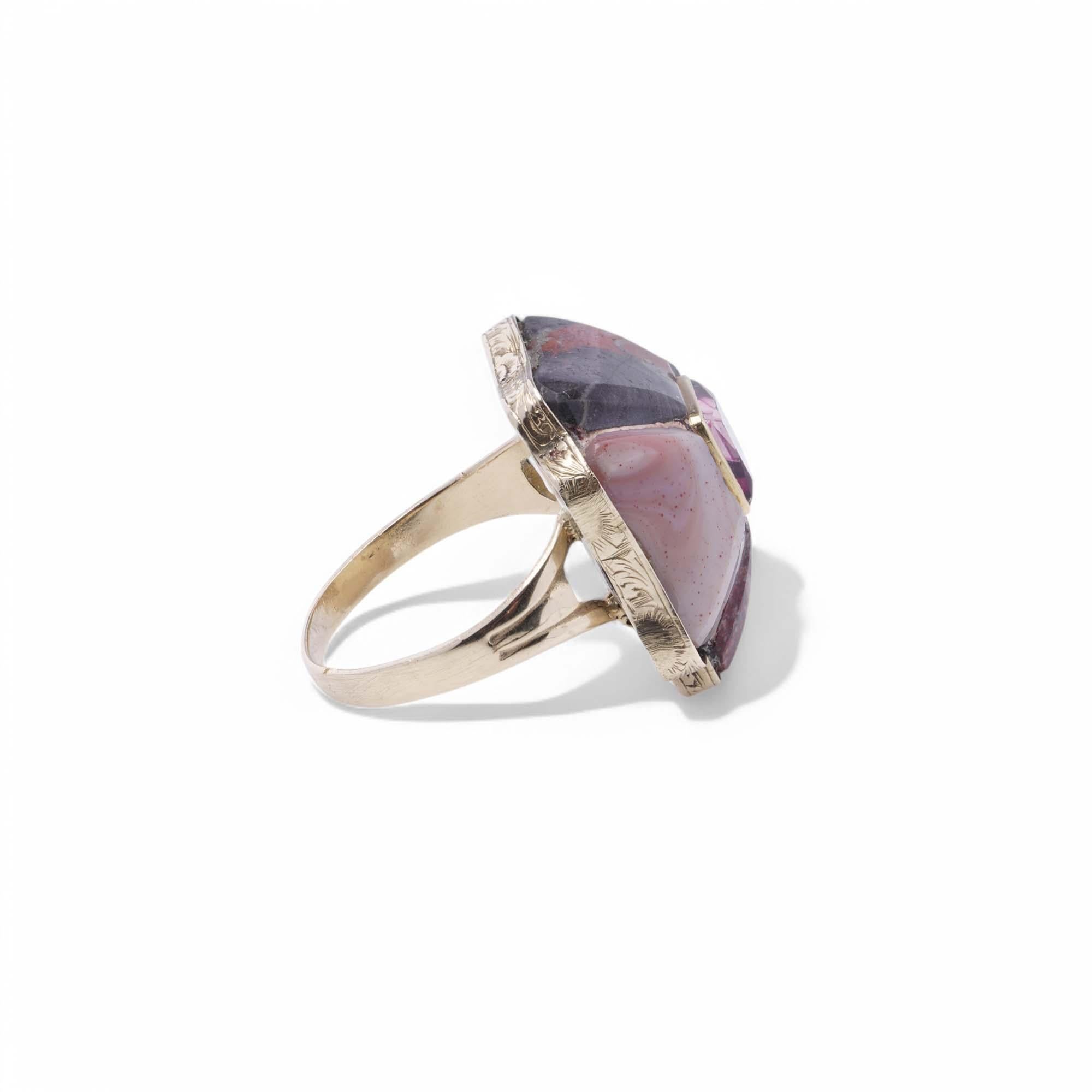 Anello vittoriano in oro 12K con agata scozzese e tormalina rosa centrale in vendita 1