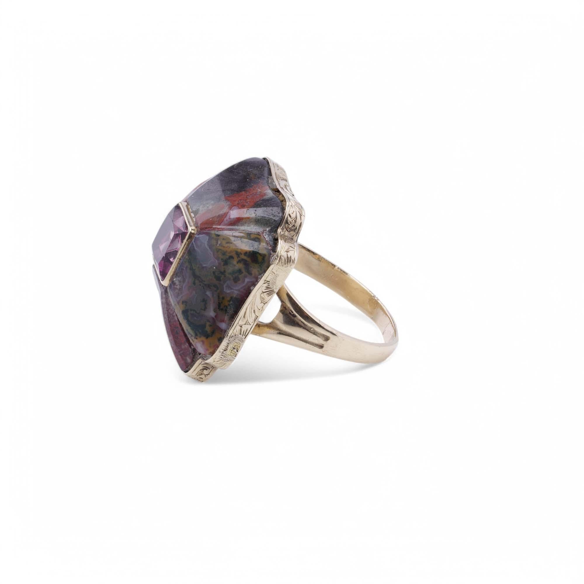 Anello vittoriano in oro 12K con agata scozzese e tormalina rosa centrale in vendita 3