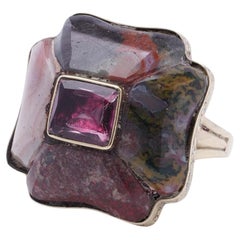Anello vittoriano in oro 12K con agata scozzese e tormalina rosa centrale