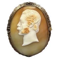 Victorian 12K Gold Shell Cameo Brooch, Male Portrait, 19th Century