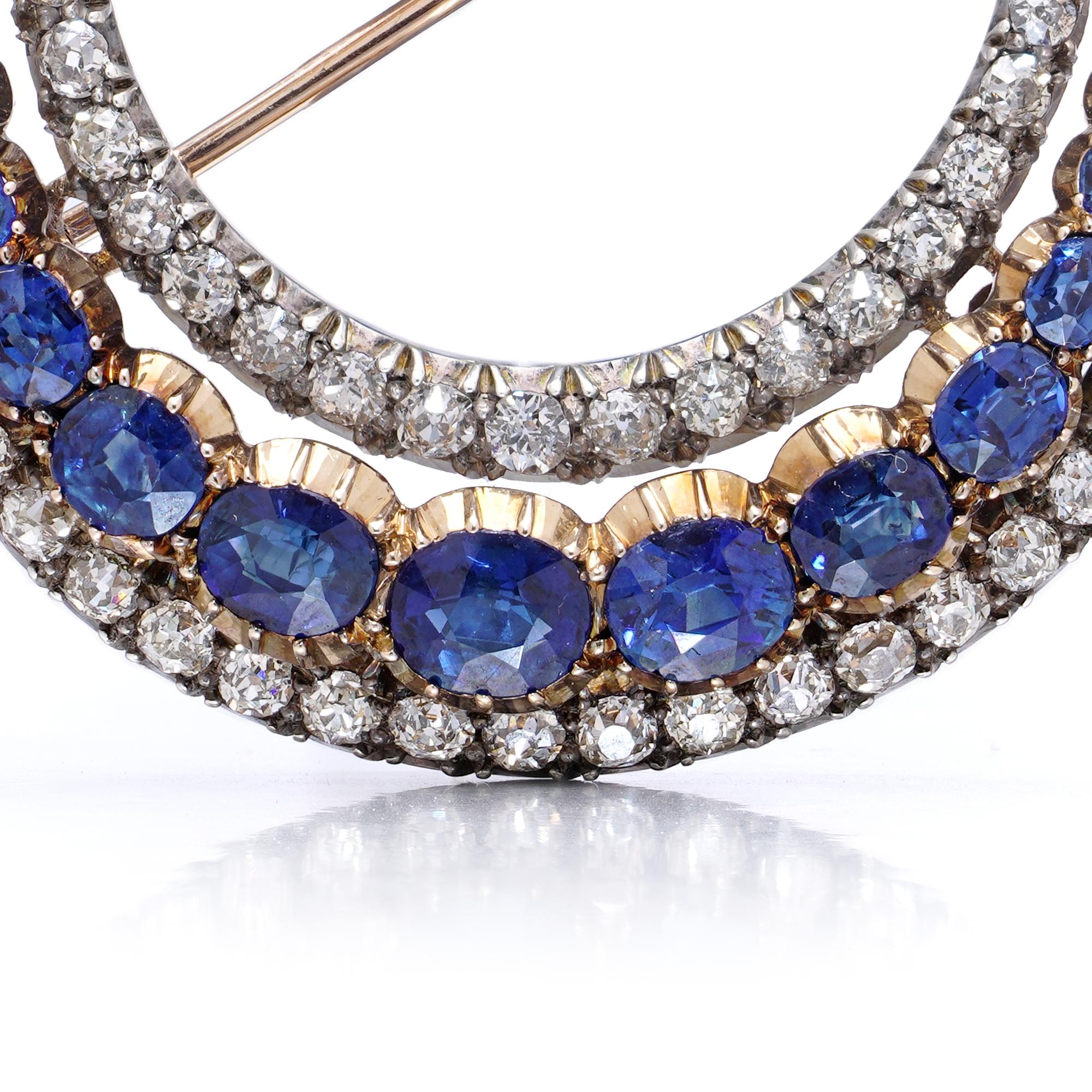 Victorian 12kt gold and silver 4.00 ct. Sapphire and Diamond Crescent Brooch For Sale 2