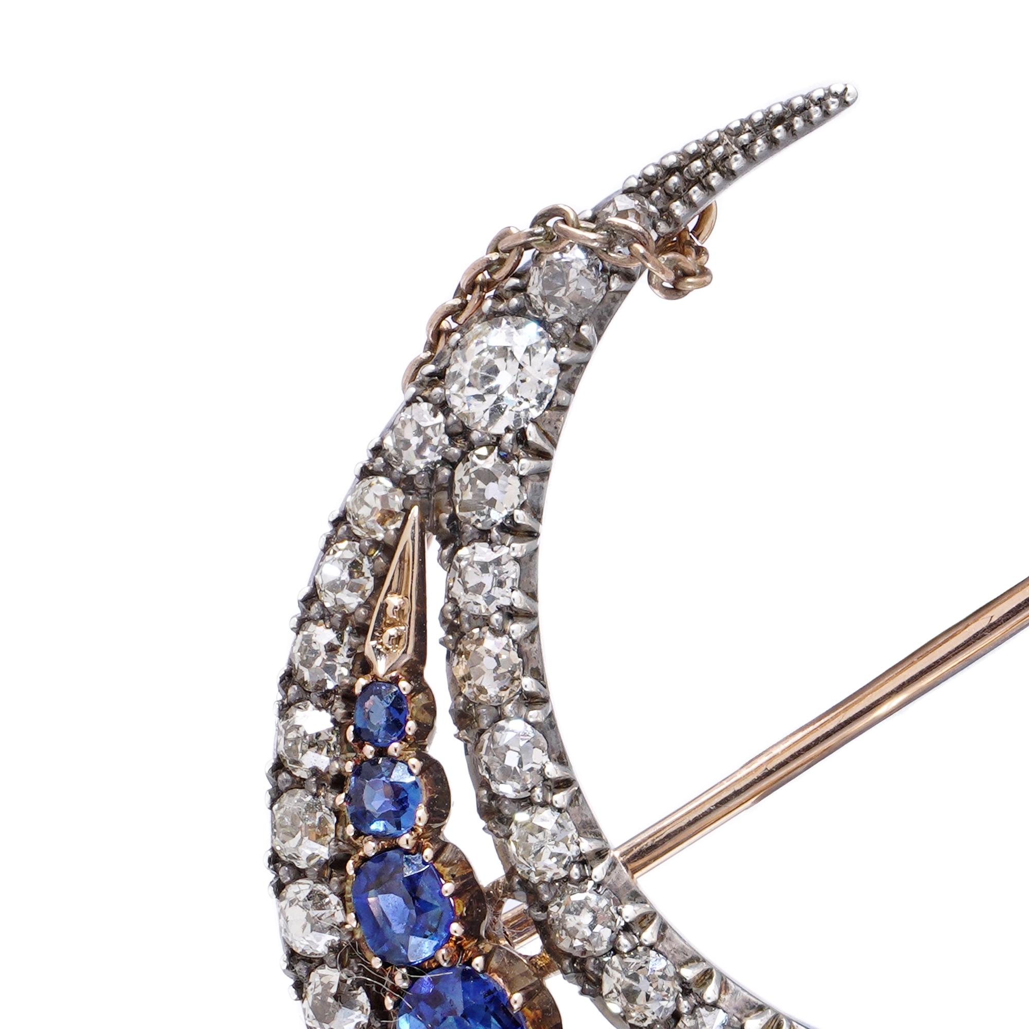 Victorian 12kt gold and silver 4.00 ct. Sapphire and Diamond Crescent Brooch For Sale 3