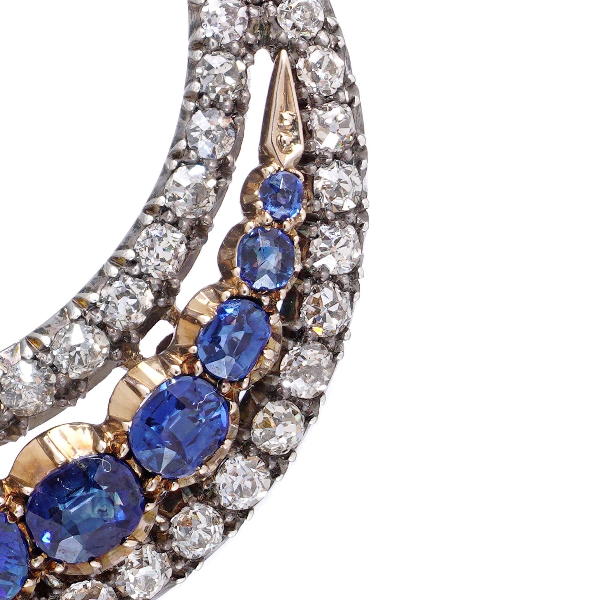 Victorian 12kt gold and silver 4.00 ct. Sapphire and Diamond Crescent Brooch For Sale 4