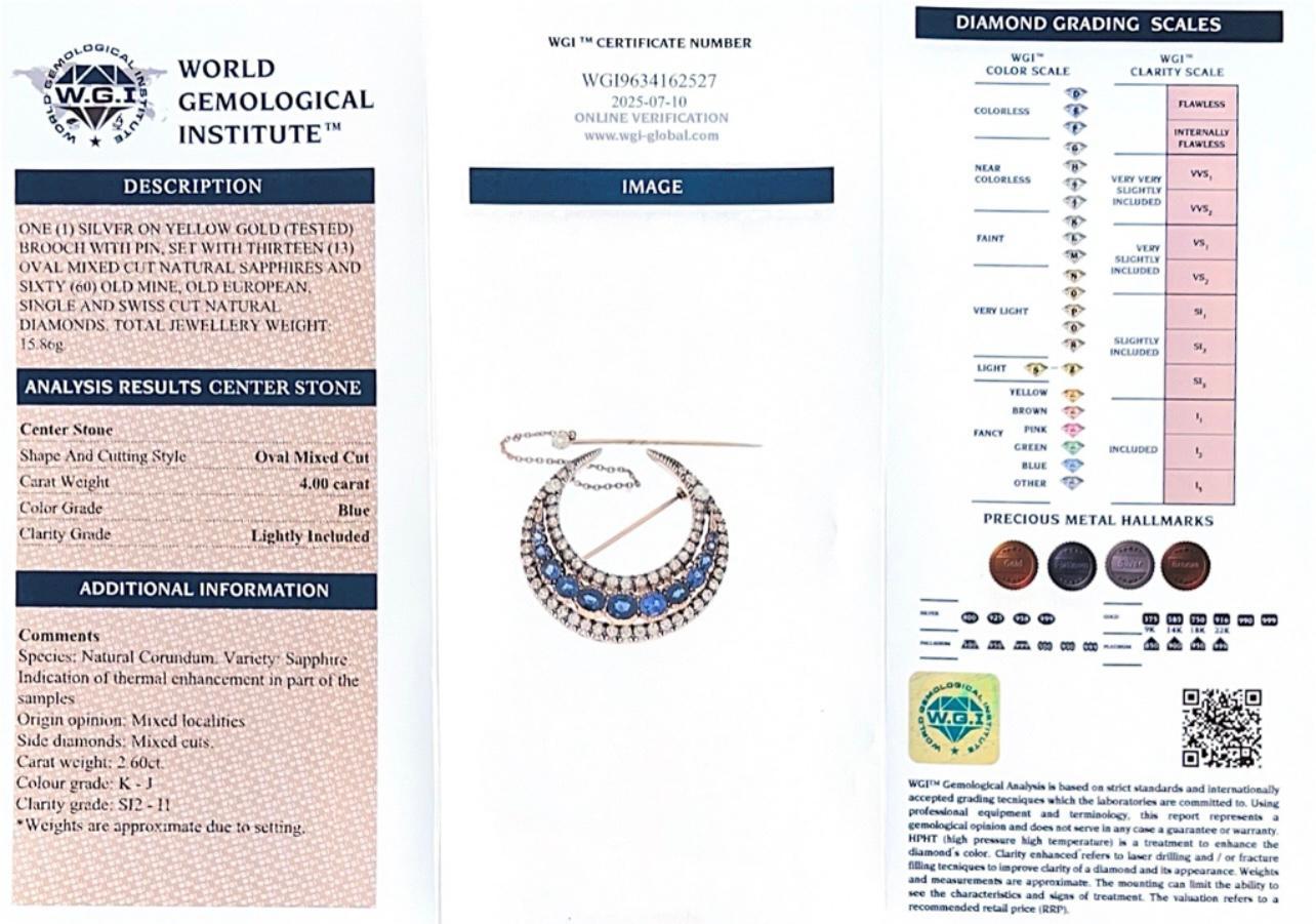 Victorian 12kt gold and silver 4.00 ct. Sapphire and Diamond Crescent Brooch For Sale 5