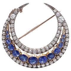 Viktorianisches 12kt Gold und Silber 4,00 ct. Saphir und Diamant Halbmond Brosche