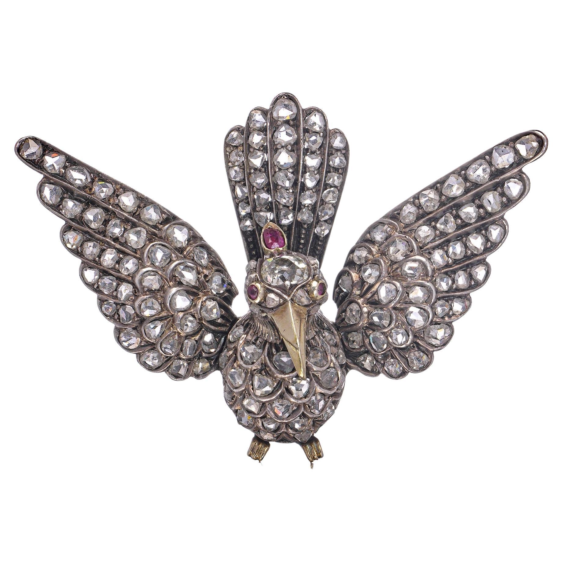 Victorian 12kt Gold and Silver Bird Brooch with Rose Cut Diamonds and Ruby Eyes