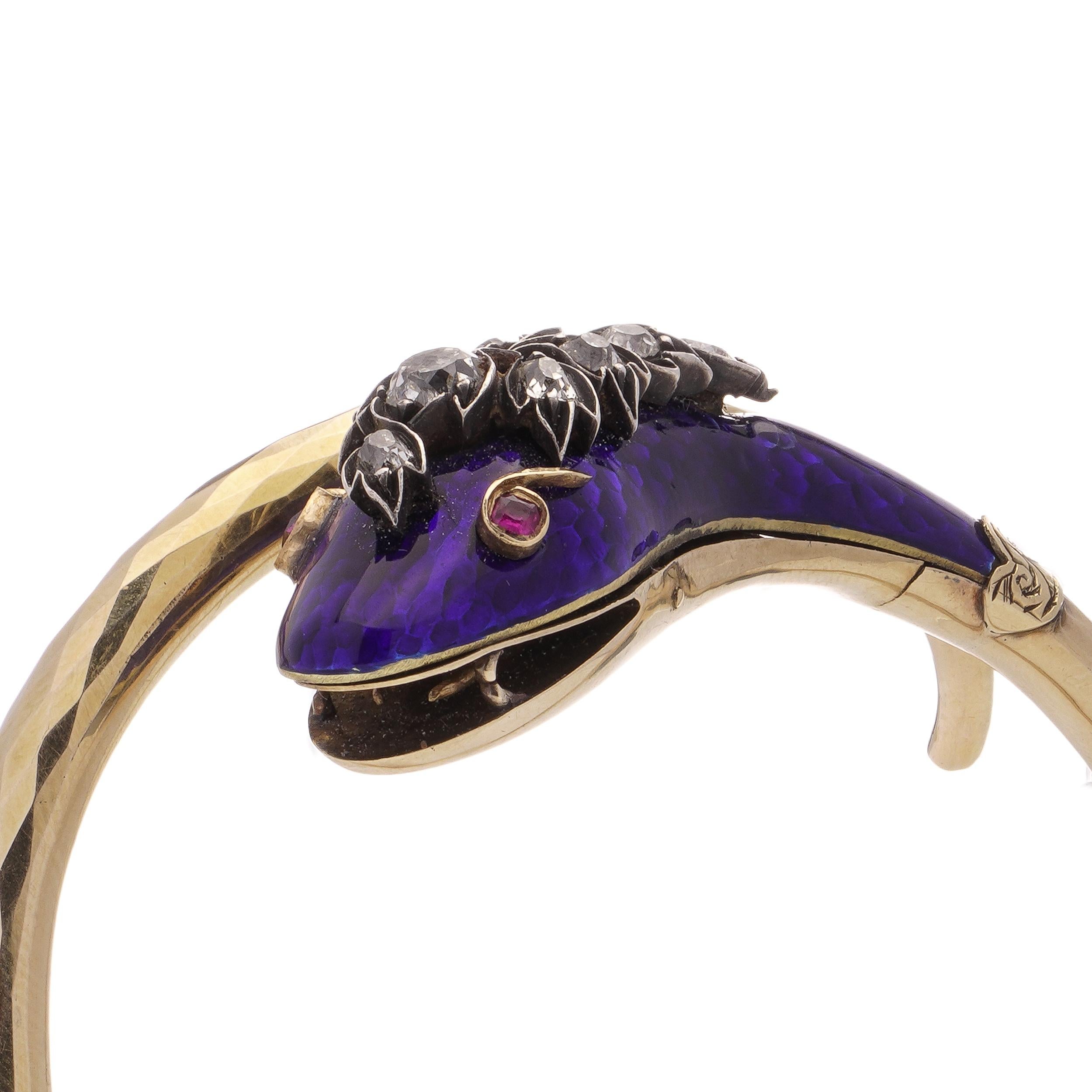 Old Mine Cut Victorian 12kt. gold and silver Snake serpent bangle with old cut diamond For Sale