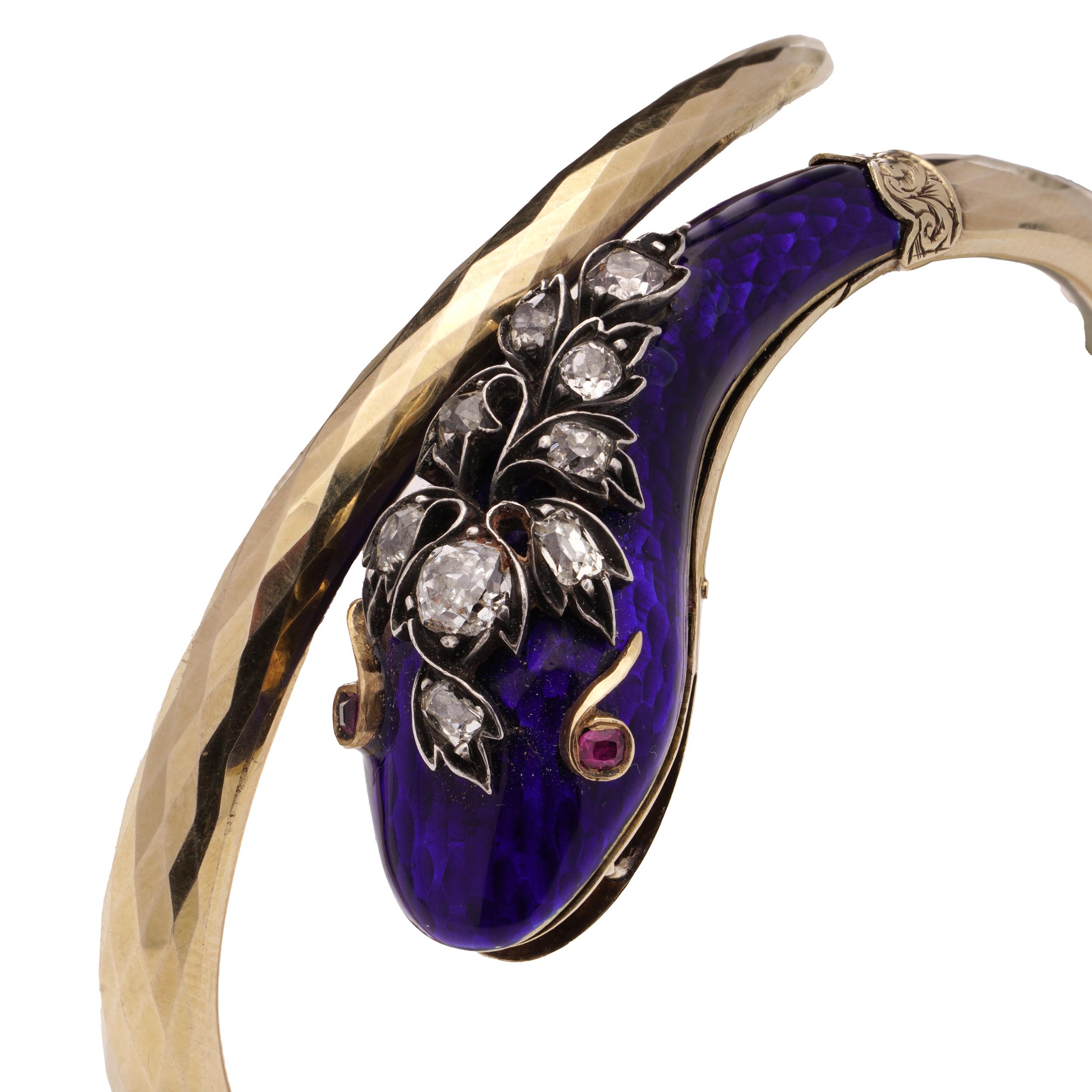 Victorian 12kt. gold and silver Snake serpent bangle with old cut diamond For Sale 2
