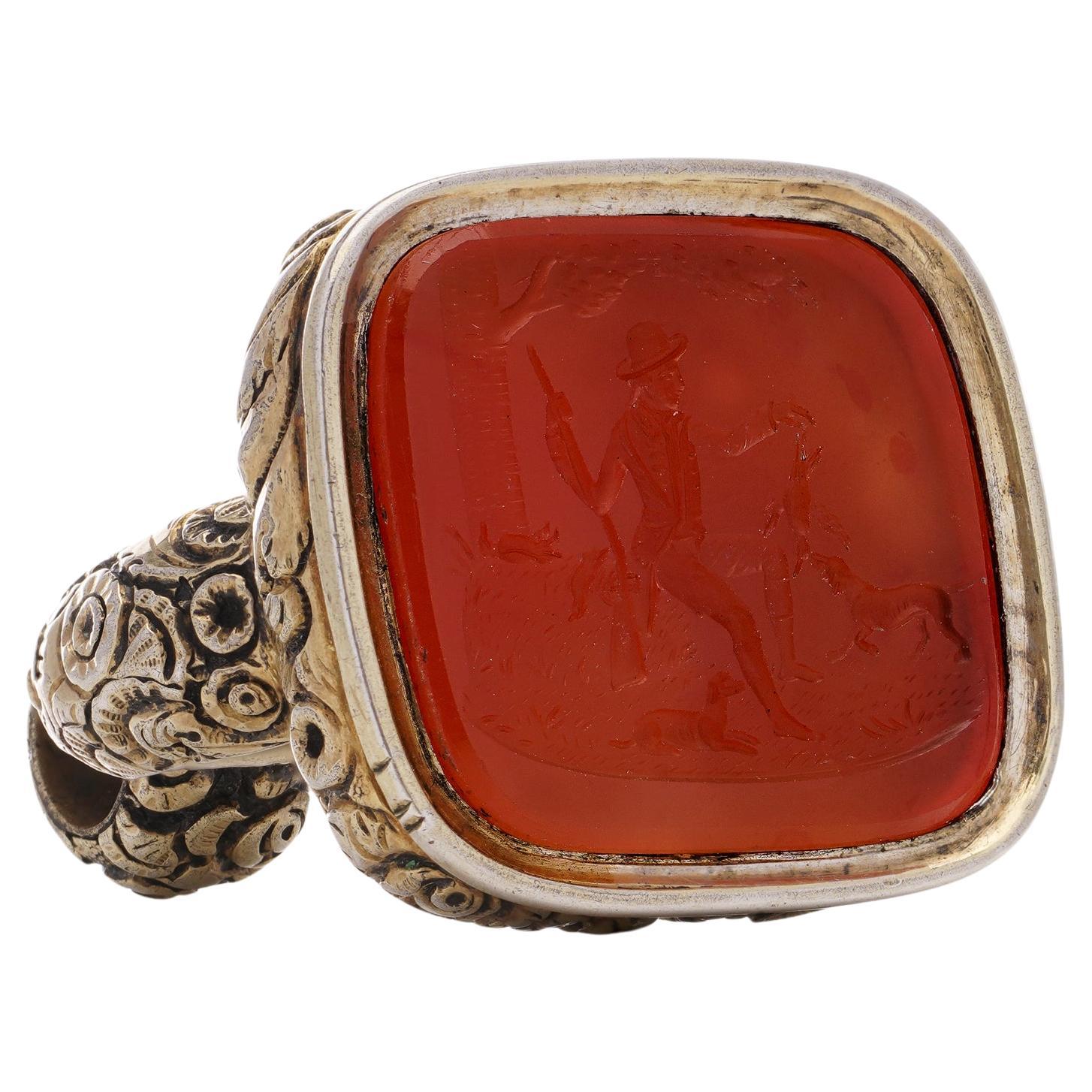 Victorian 12kt Rolled Gold Carnelian Seal Fob with hunting scene 