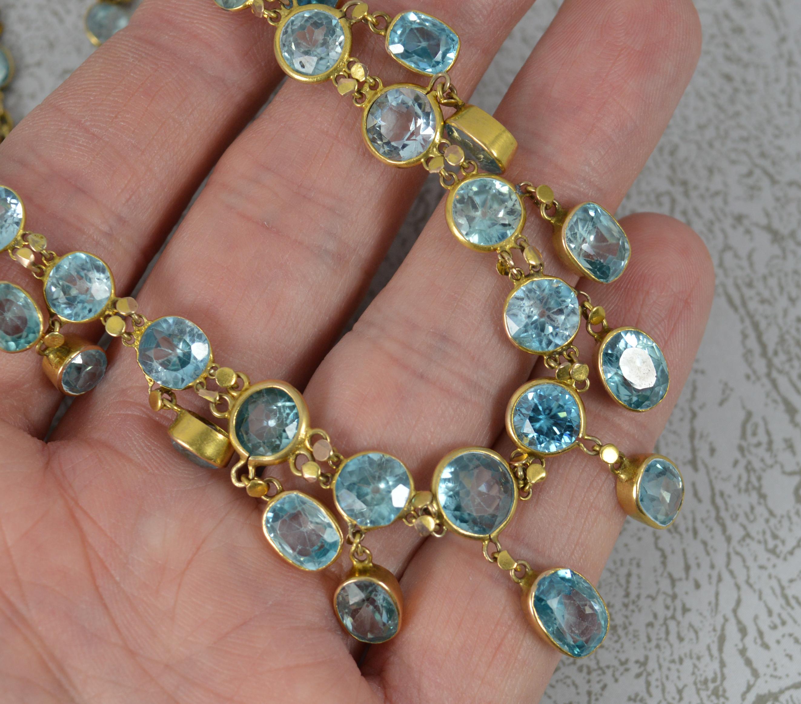 Round Cut Victorian 9 Carat Gold and Blue Zircon Necklace Riviere Chain For Sale