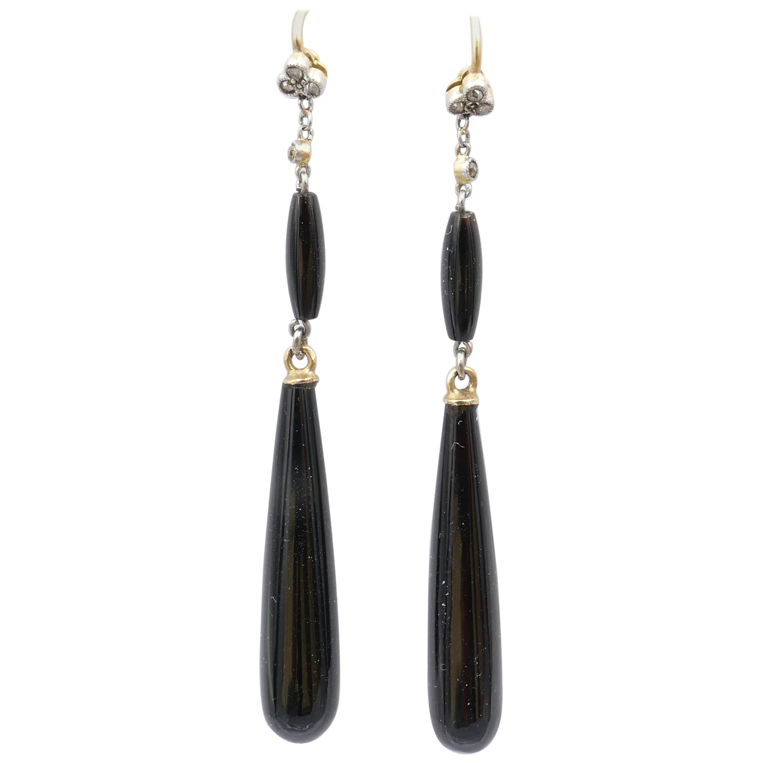 Victorian 13 Carat 'XRF tested' Yellow Gold & Onyx Diamond & Onyx Drop Earrings For Sale