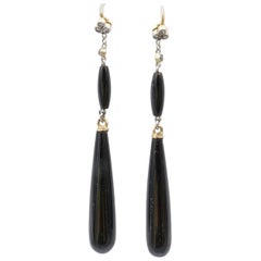 Victorian 13 Carat 'XRF tested' Yellow Gold & Onyx Diamond & Onyx Drop Earrings