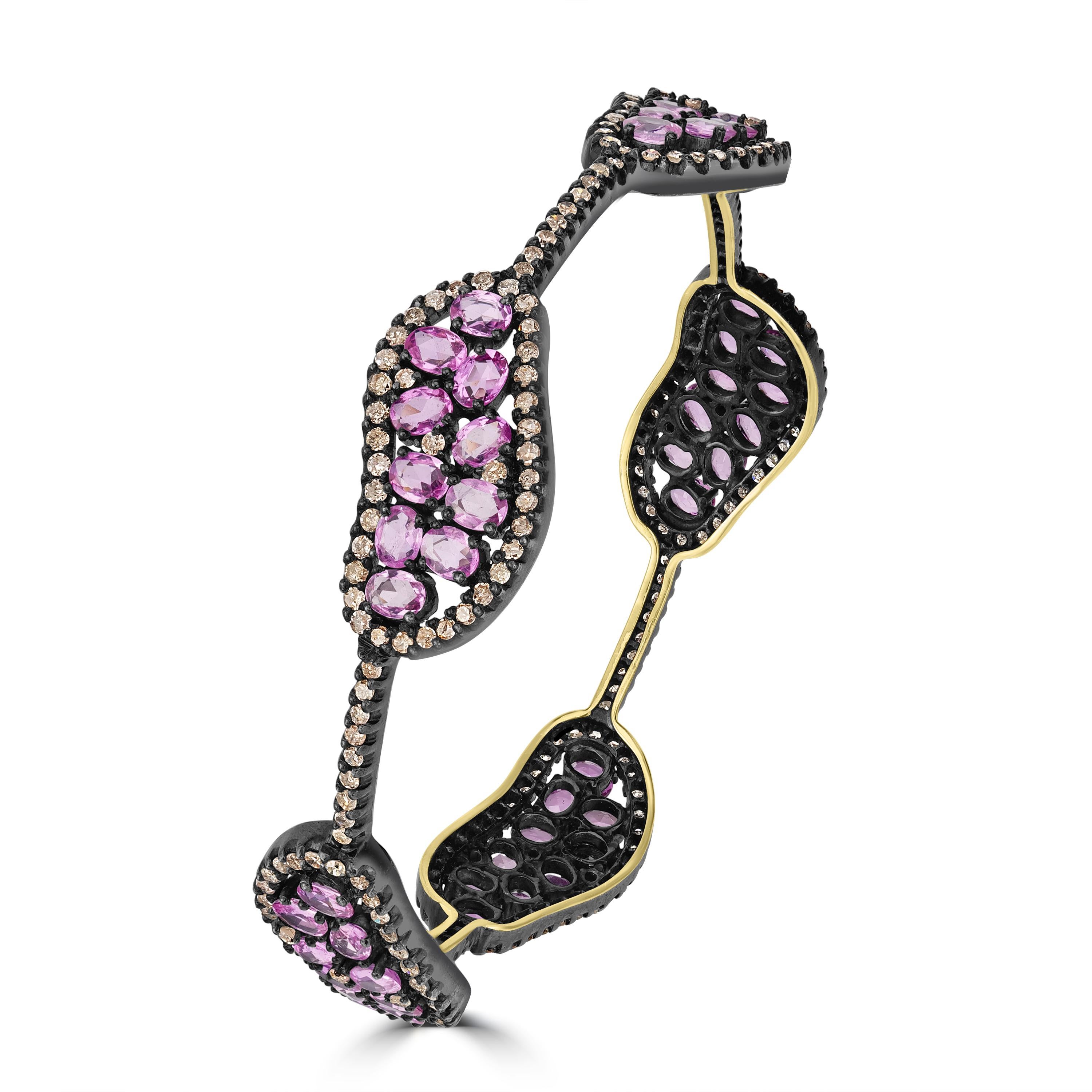 Round Cut Victorian 13 Cttw. Pink Sapphire and Diamond Station Bangle in 18k/925  For Sale
