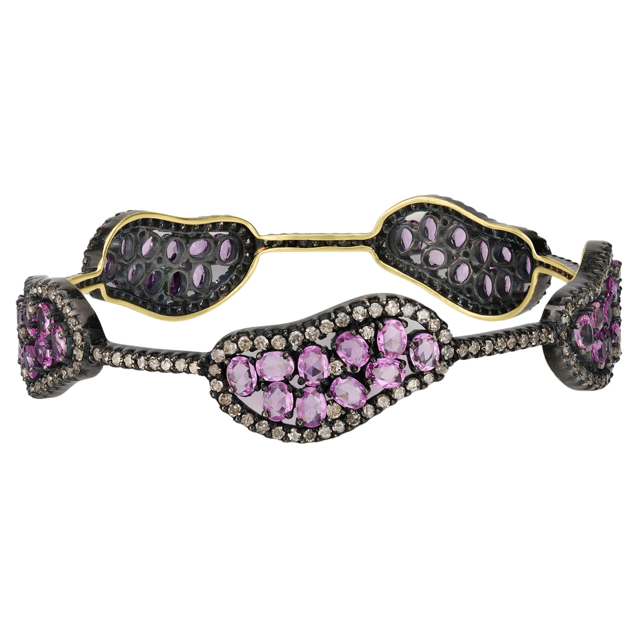 Victorian 13 Cttw. Pink Sapphire and Diamond Station Bangle in 18k/925  For Sale
