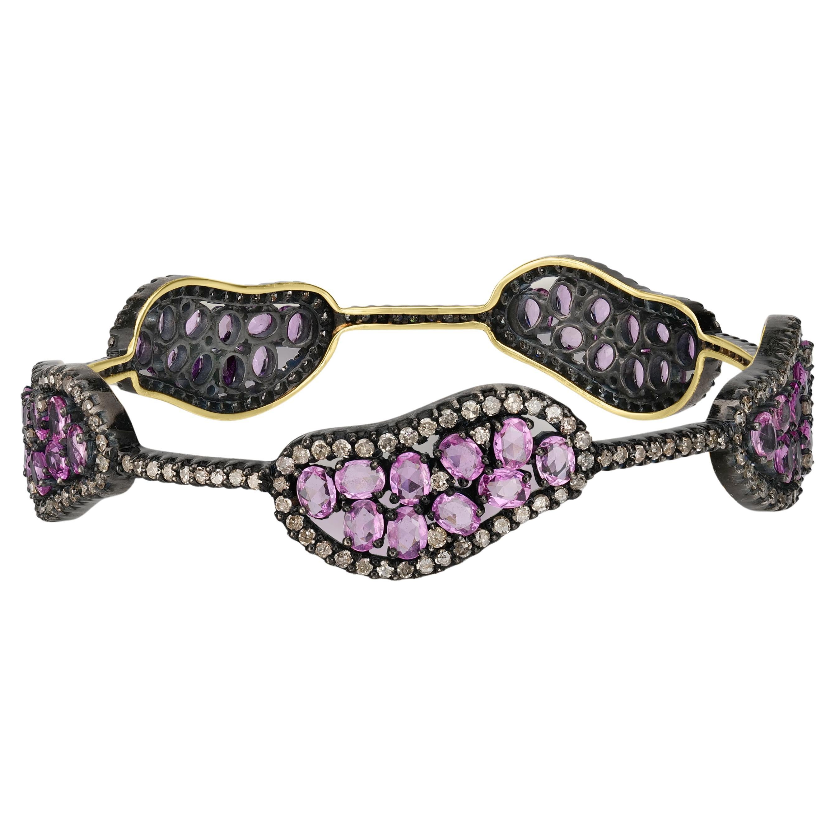 Victorian 13 Cttw. Natural Pink Sapphire/Diamond Station Bangle in 18k/925