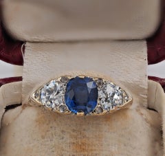 Victorian 1.30 Ct Nat Sapphire 1.20 Ct Diamond Rare Trilogy Ring