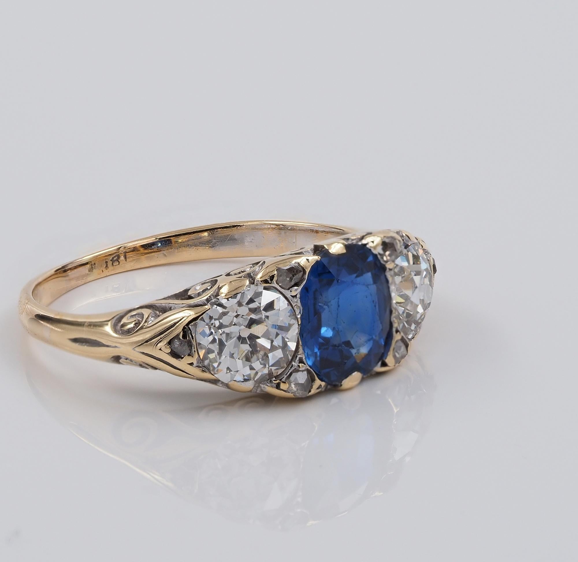 Oval Cut Victorian 1.30 Ct Nat Sapphire 1.20 Ct Diamond Rare Trilogy Ring For Sale