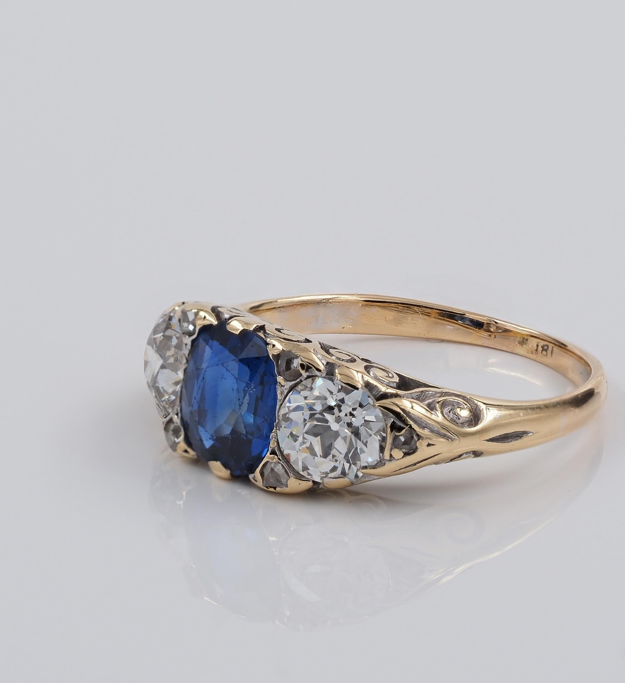 Women's Victorian 1.30 Ct Nat Sapphire 1.20 Ct Diamond Rare Trilogy Ring For Sale