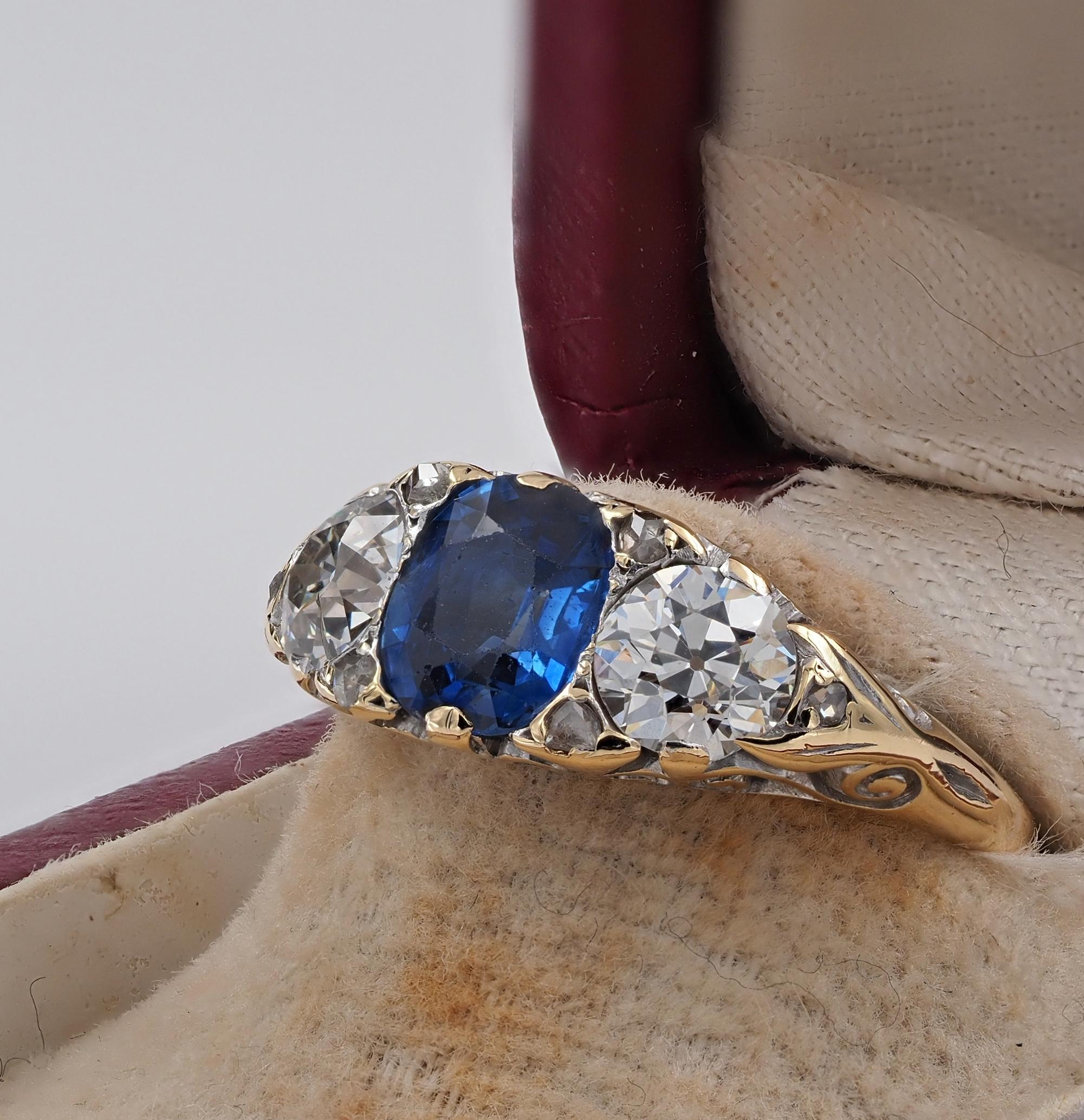 Victorian 1.30 Ct Nat Sapphire 1.20 Ct Diamond Rare Trilogy Ring For Sale 1