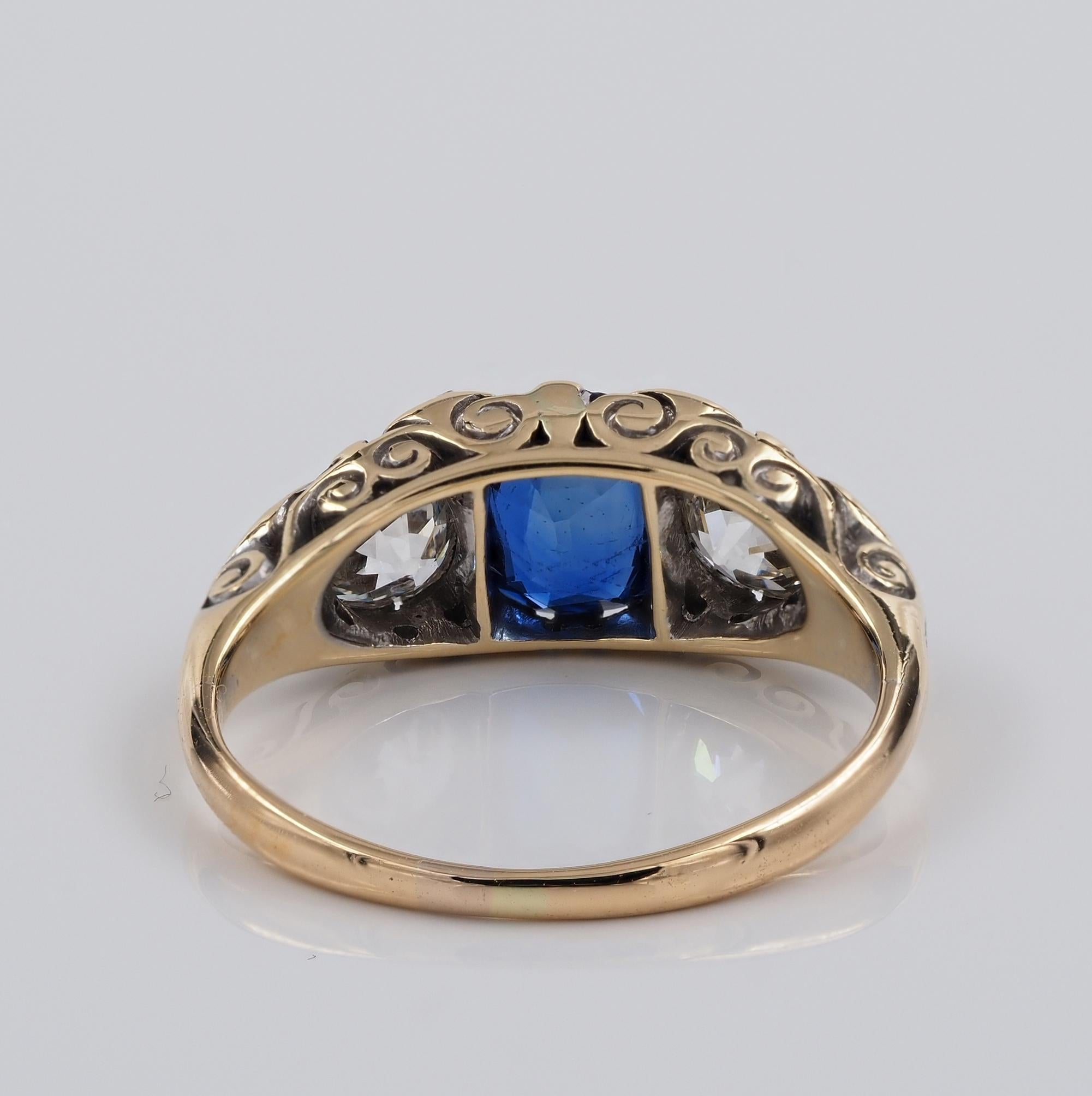 Victorian 1.30 Ct Nat Sapphire 1.20 Ct Diamond Rare Trilogy Ring For Sale 3