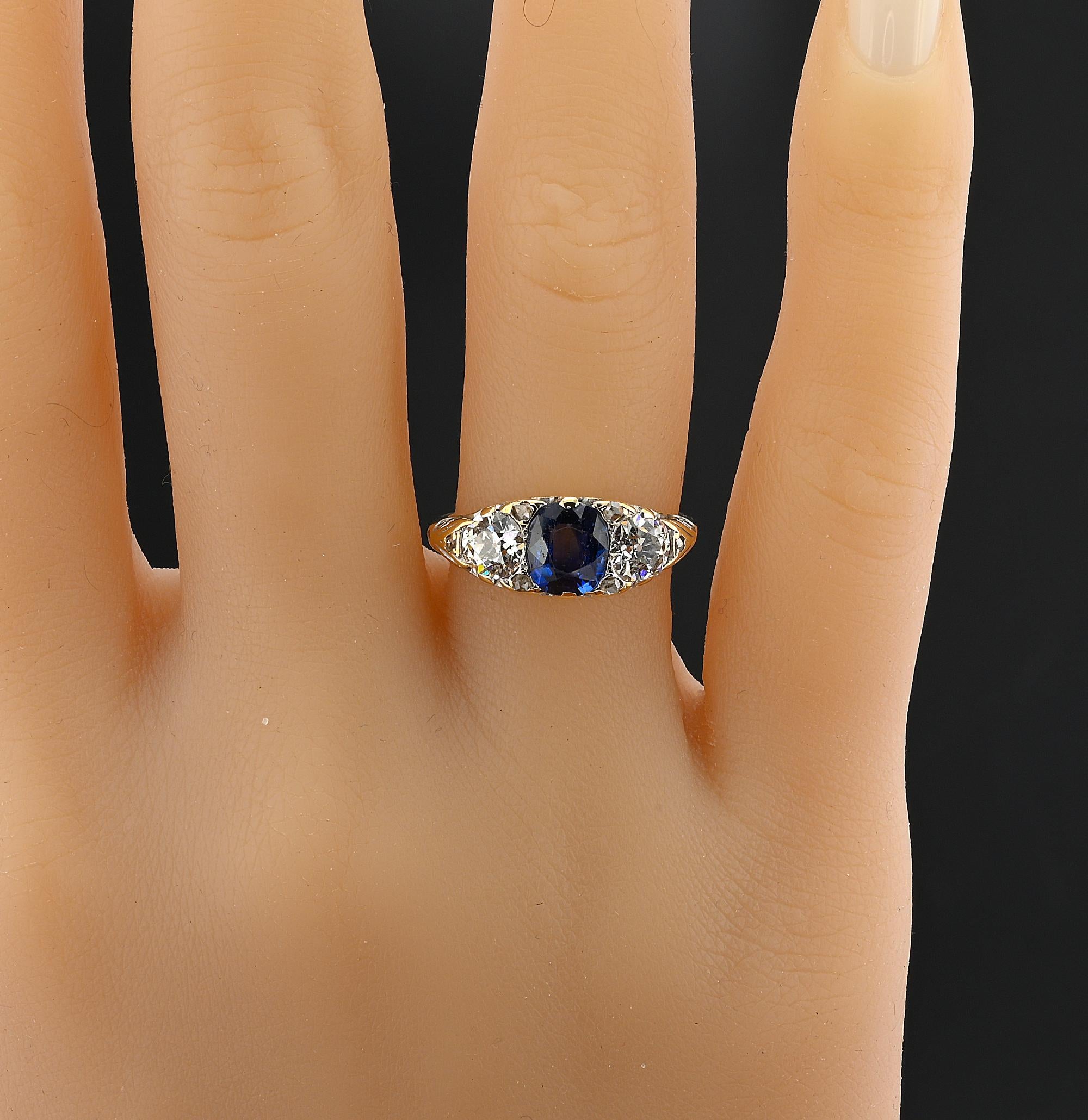Victorian 1.30 Ct Nat Sapphire 1.20 Ct Diamond Rare Trilogy Ring For Sale 4