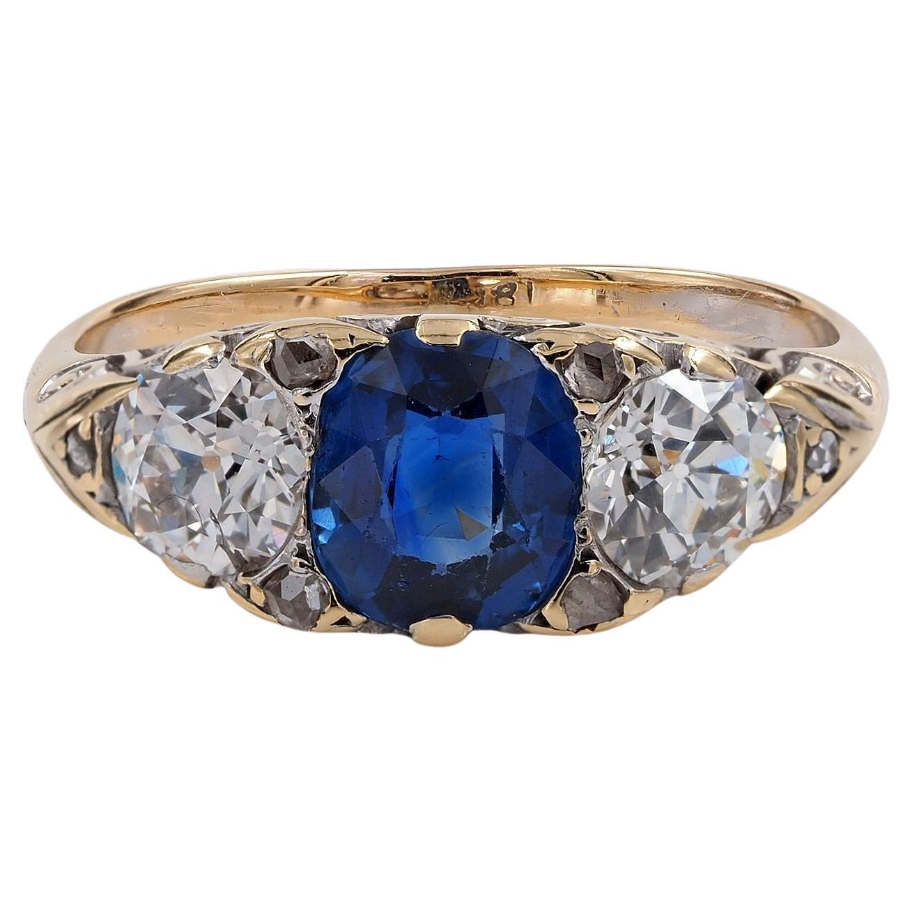 Victorian 1.30 Ct Nat Sapphire 1.20 Ct Diamond Rare Trilogy Ring