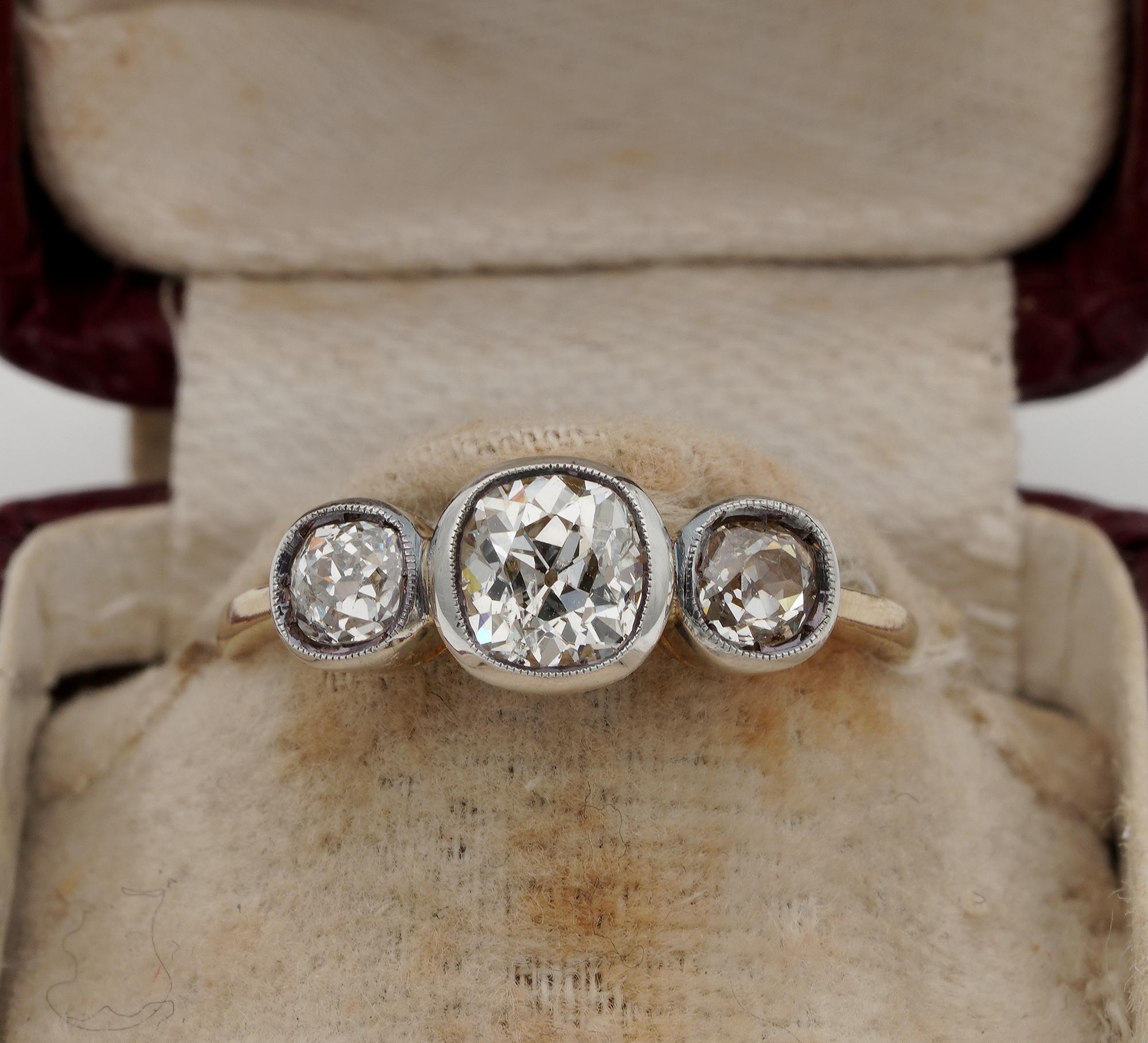 This beautiful Victorian ring is 1890/1900 ca
Ring has been hand crafted of solid 18 KT gold with silver portions over the top for the Diamond housing
Centrally set with a bright  white earth mined full of sparkle .80 Ct old mime cut Diamonds rated 