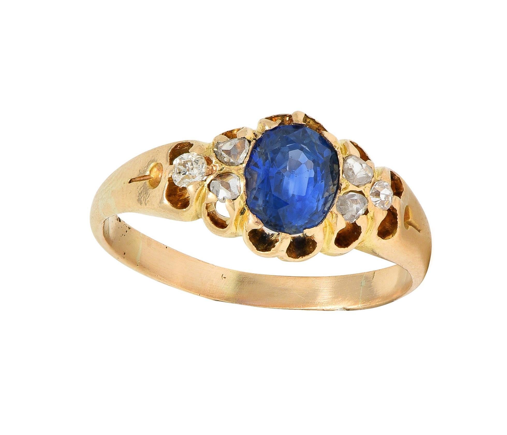 Victorian 1.30 CTW Sapphire Diamond 14 Karat Yellow Gold Belcher Antique Ring For Sale 5