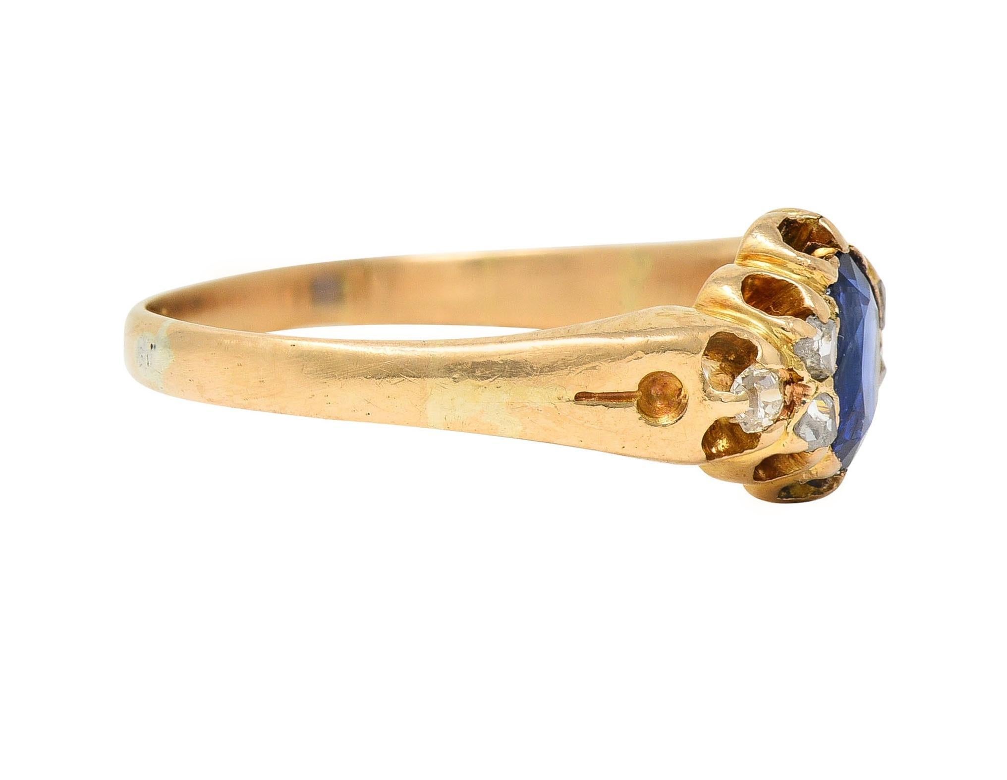 Victorian 1.30 CTW Sapphire Diamond 14 Karat Yellow Gold Belcher Antique Ring In Excellent Condition For Sale In Philadelphia, PA