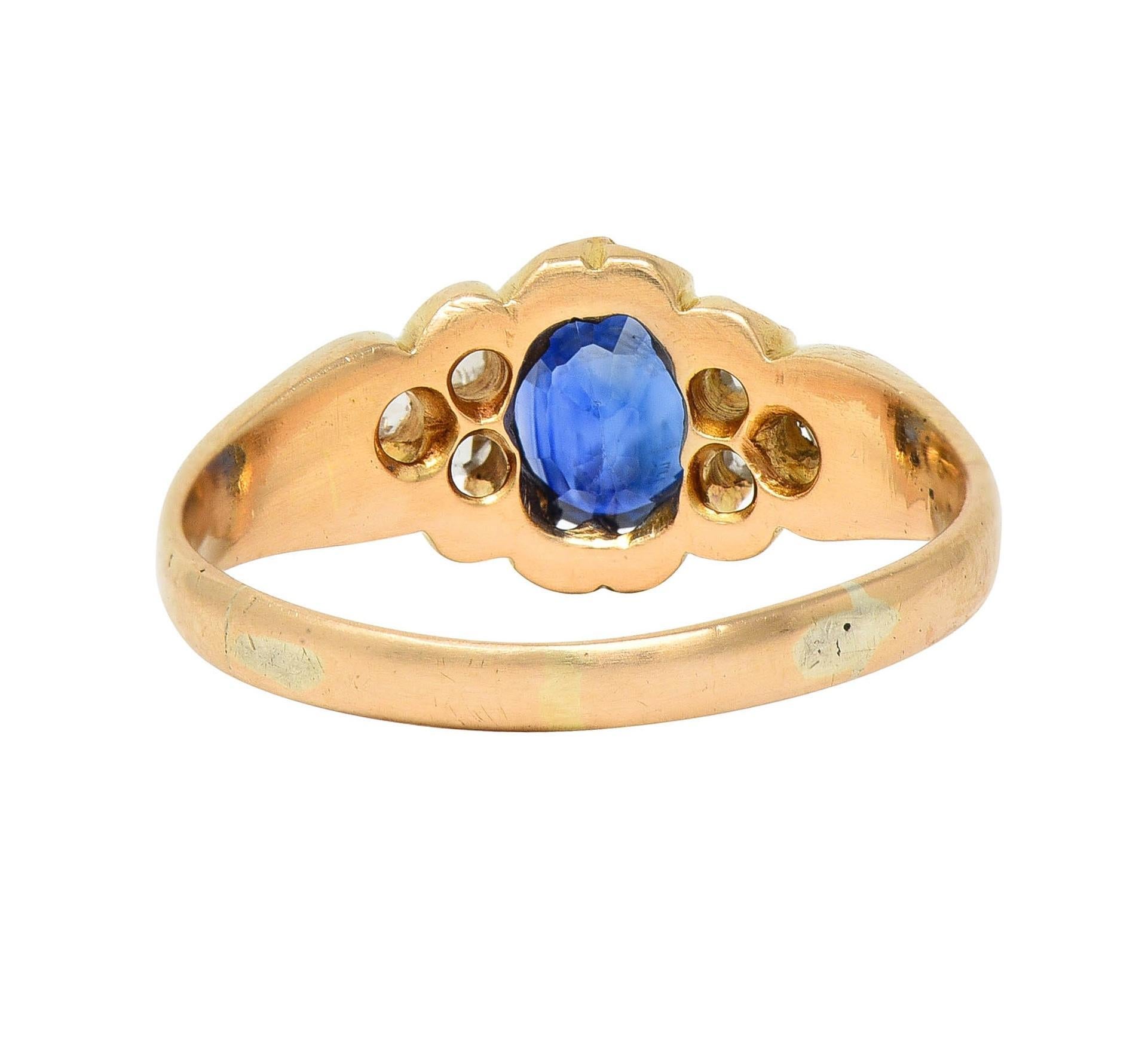 Women's or Men's Victorian 1.30 CTW Sapphire Diamond 14 Karat Yellow Gold Belcher Antique Ring For Sale