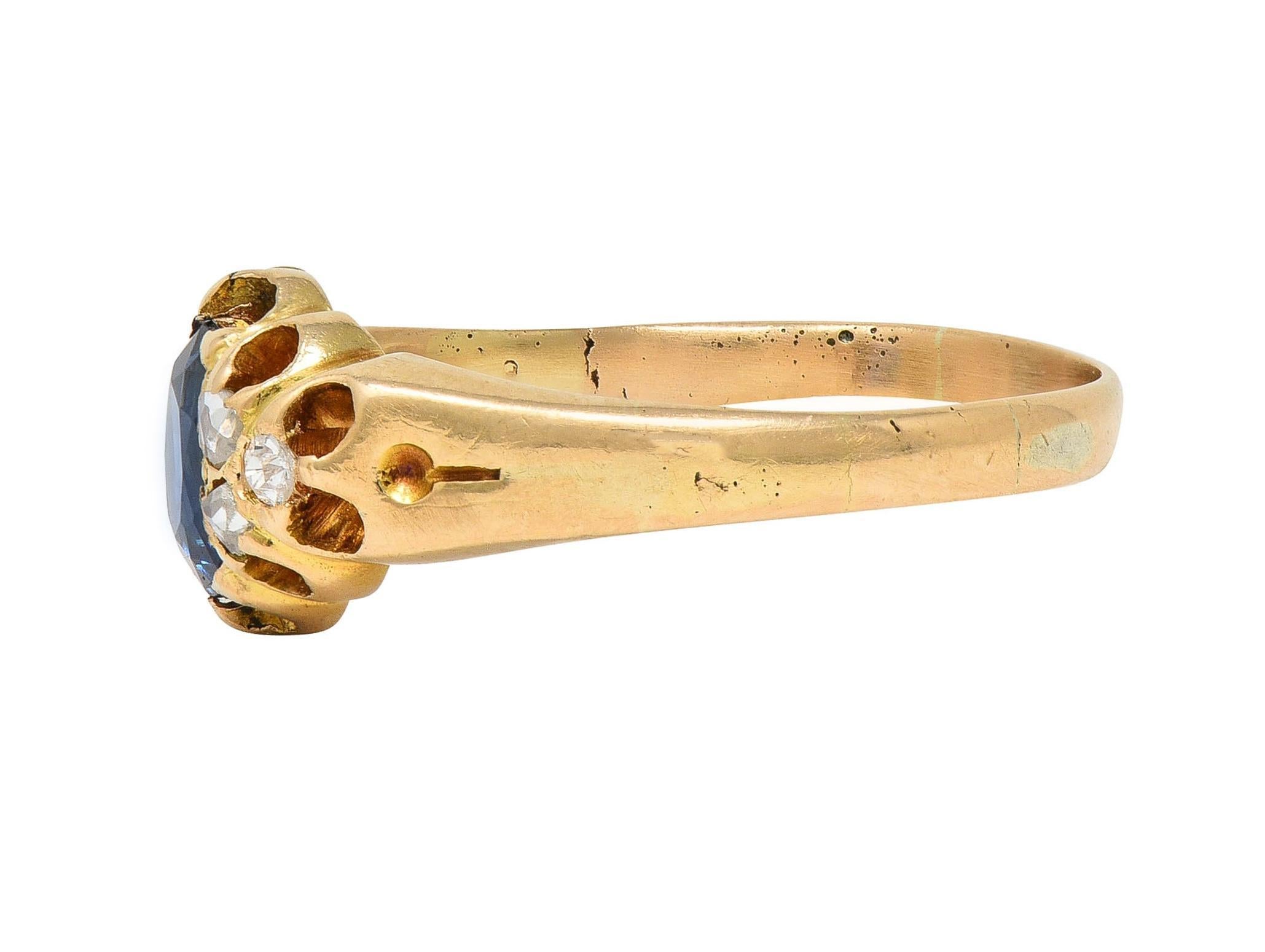 Victorian 1.30 CTW Sapphire Diamond 14 Karat Yellow Gold Belcher Antique Ring For Sale 1