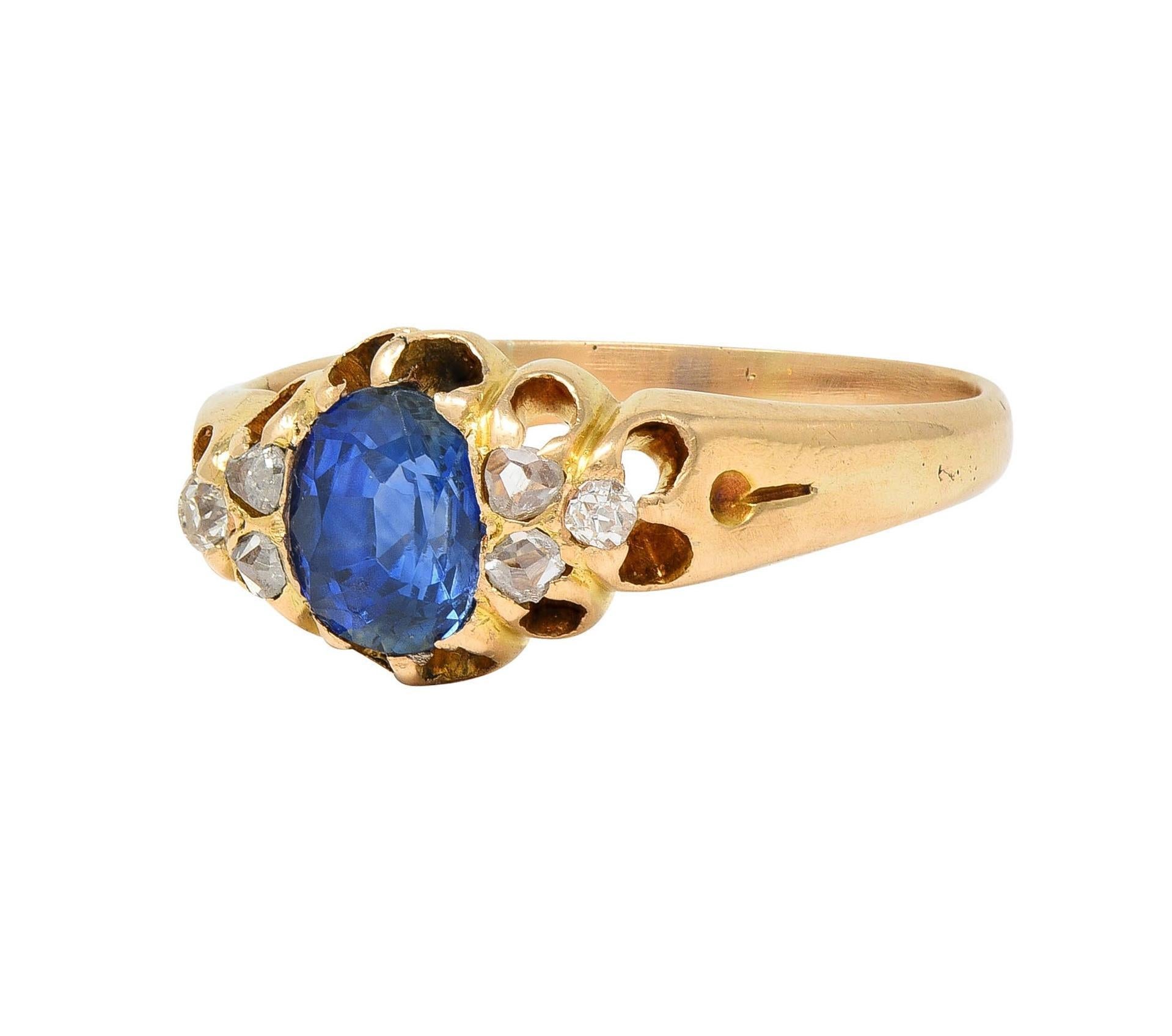 Victorian 1.30 CTW Sapphire Diamond 14 Karat Yellow Gold Belcher Antique Ring For Sale 2