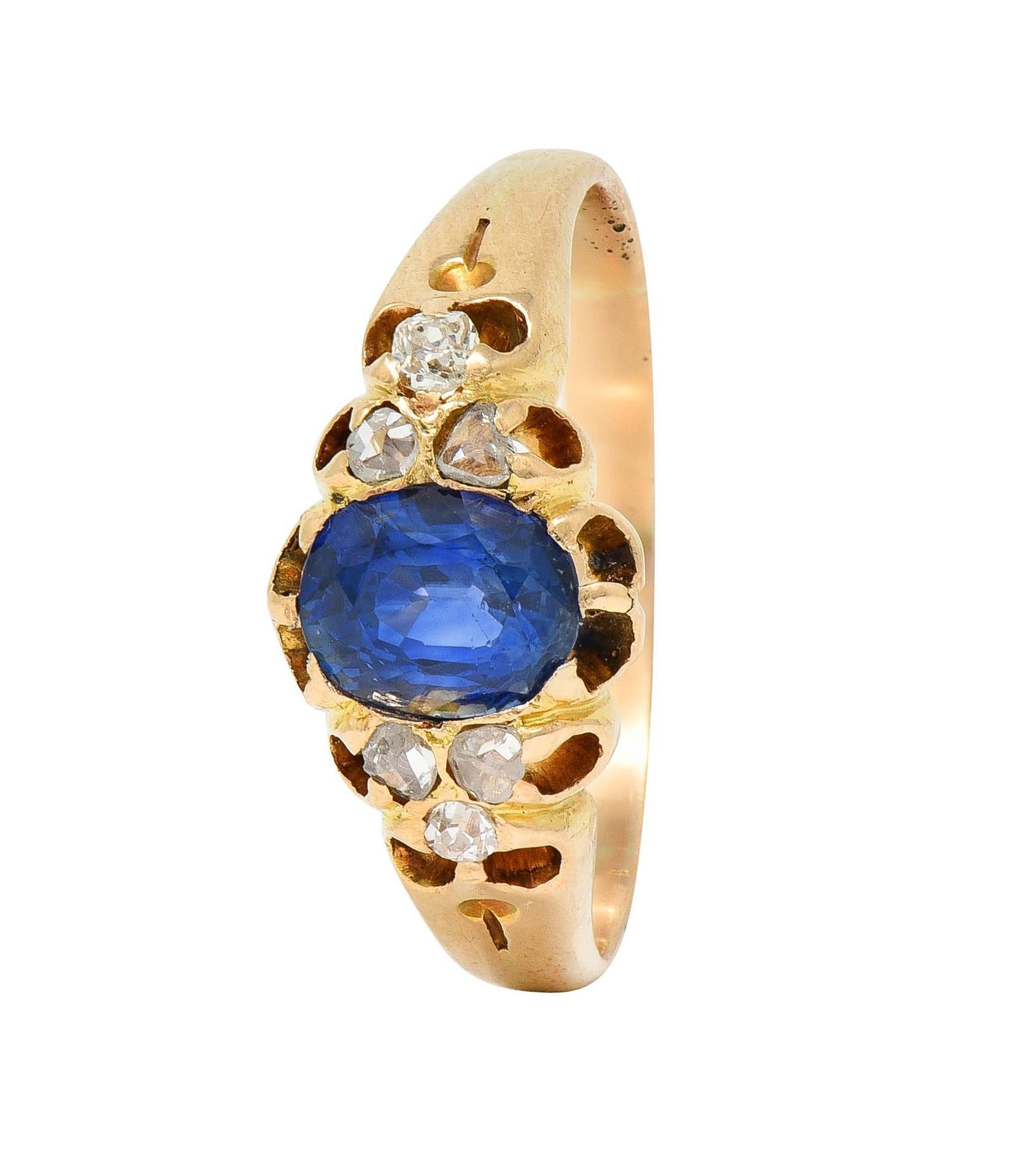 Victorian 1.30 CTW Sapphire Diamond 14 Karat Yellow Gold Belcher Antique Ring For Sale 3
