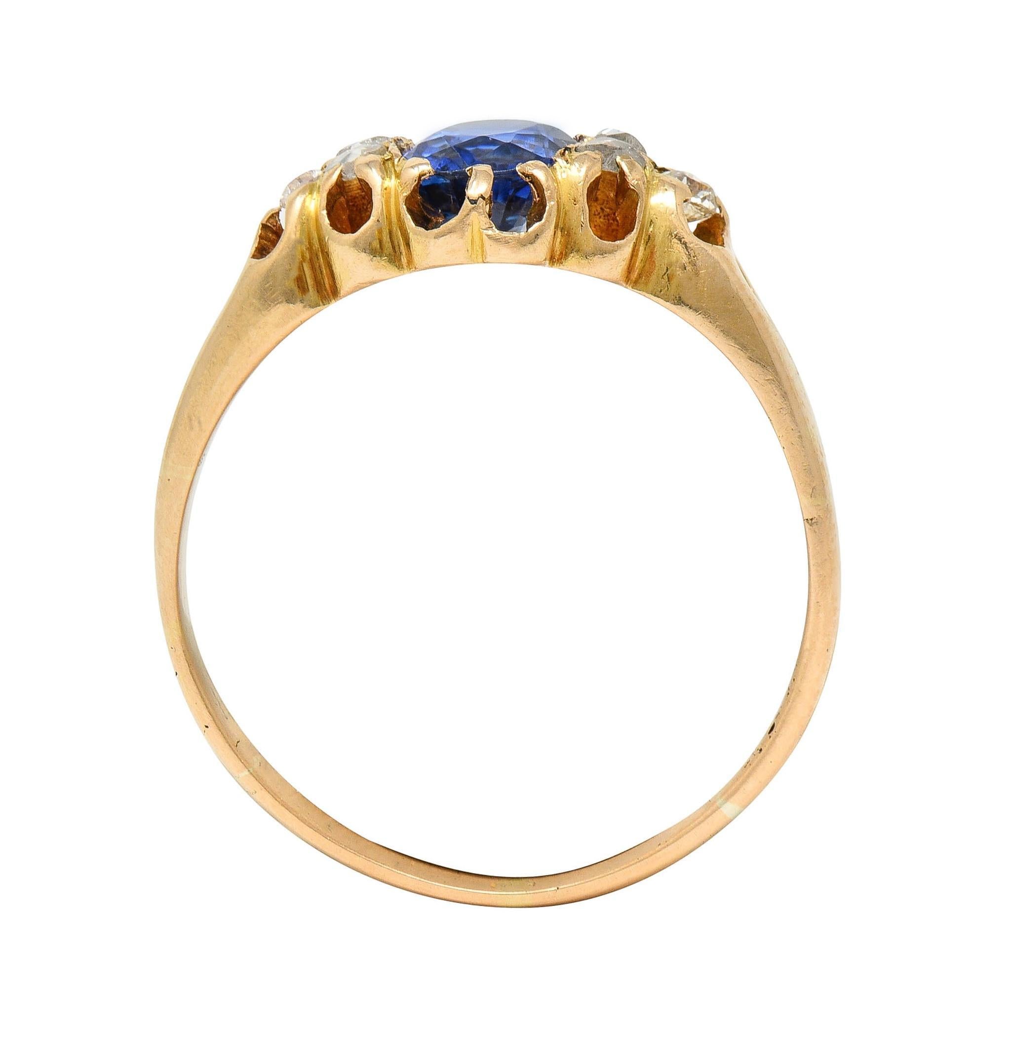 Victorian 1.30 CTW Sapphire Diamond 14 Karat Yellow Gold Belcher Antique Ring For Sale 4