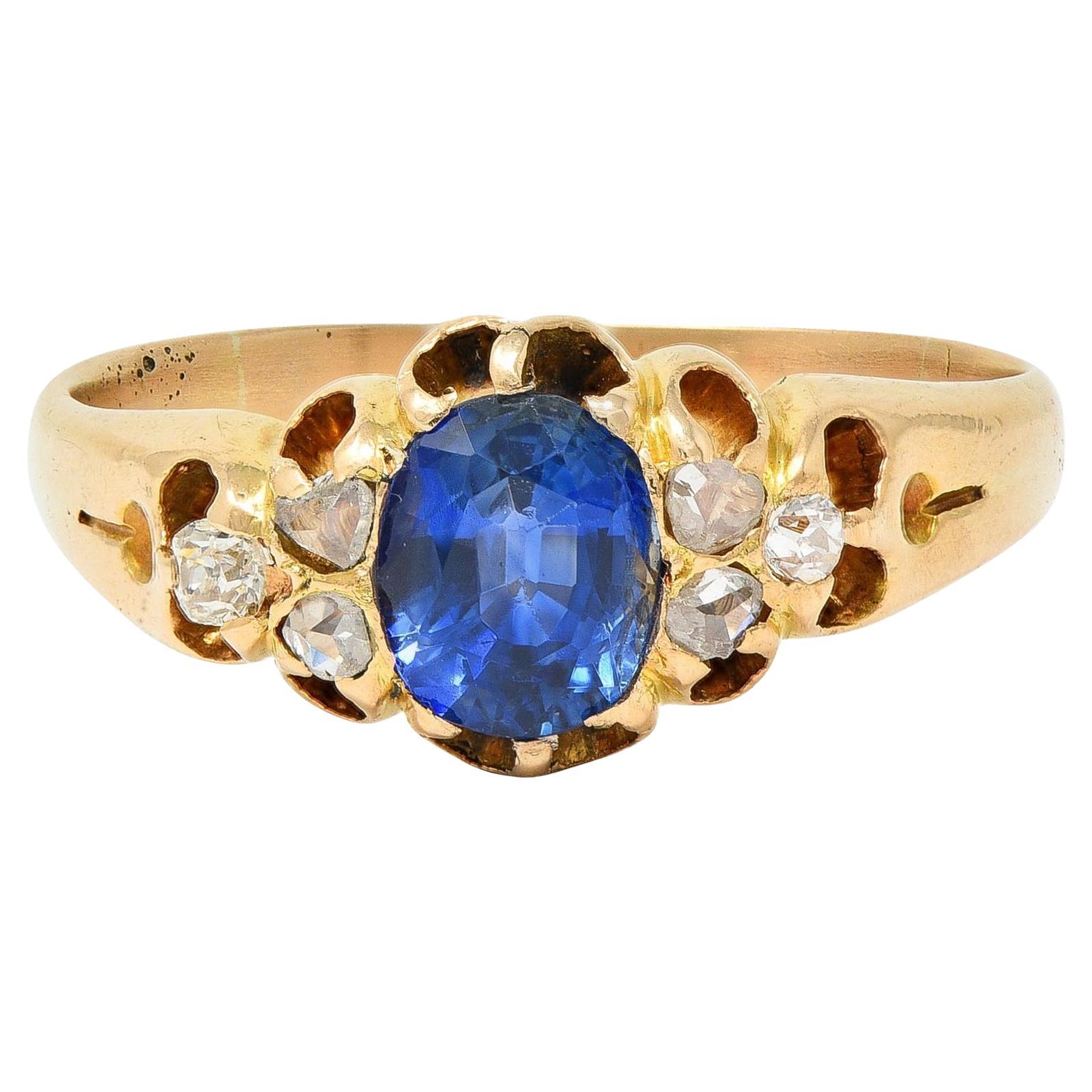 Victorian 1.30 CTW Sapphire Diamond 14 Karat Yellow Gold Belcher Antique Ring For Sale