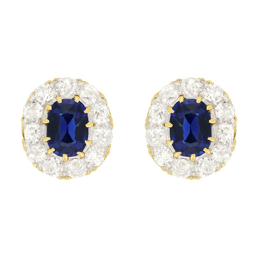 Victorian 1.30ct Sapphire and Diamond Cluster Earrings, c.1880s In Good Condition For Sale In London, GB