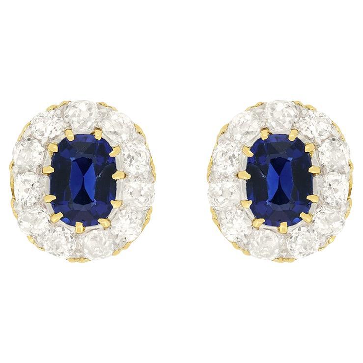 Victorian 1.30ct Sapphire and Diamond Cluster Earrings, c.1880s For Sale