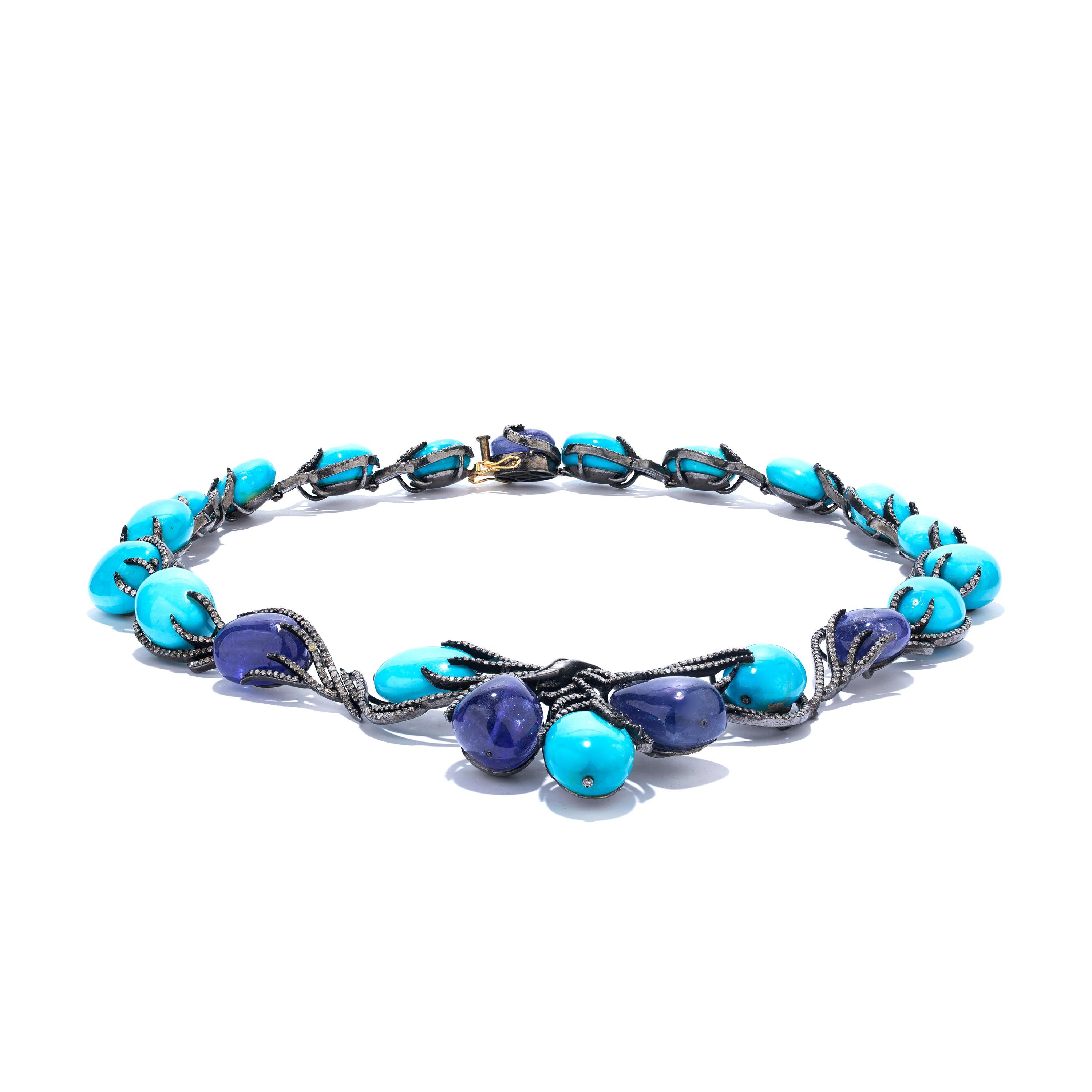 Cabochon Victorian 131.73ct T.W Tanzanite, Turquoise and Diamond Frontal Necklace