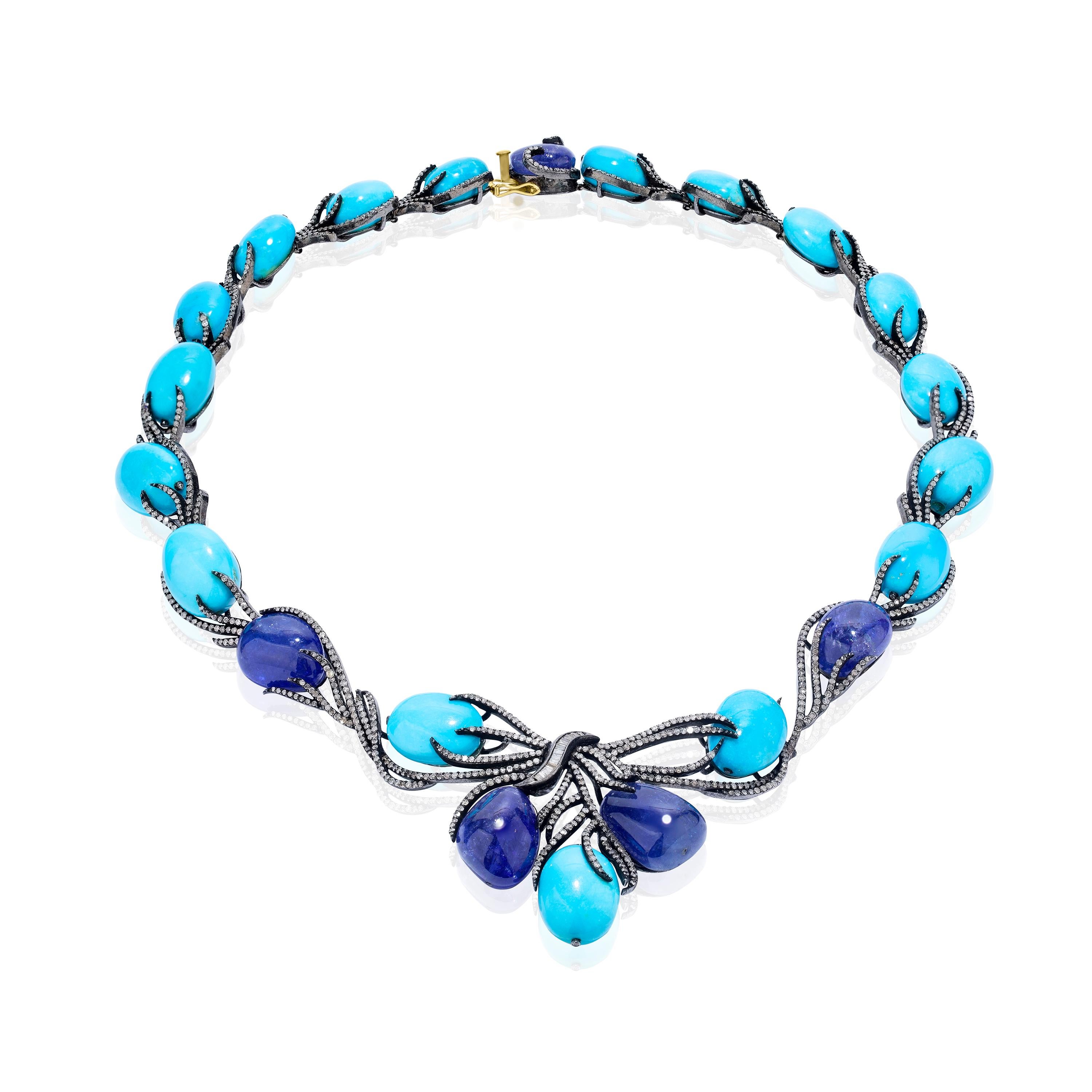 Victorian 131.73ct T.W Tanzanite, Turquoise and Diamond Frontal Necklace In New Condition In New York, NY