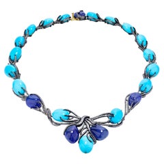 Victorian 131.73ct T.W Tanzanite, Turquoise and Diamond Frontal Necklace