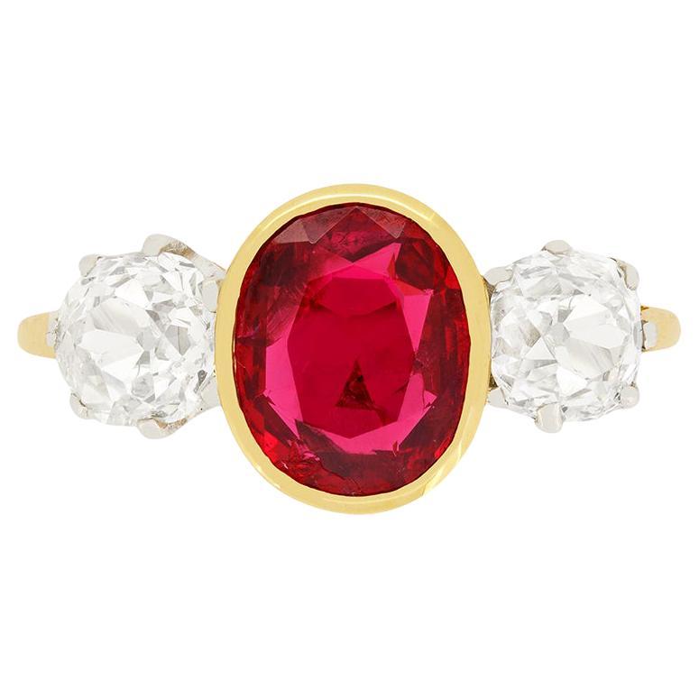 Victorian 1.31ct Ruby & Diamond Three Stone Ring, c.1900s For Sale