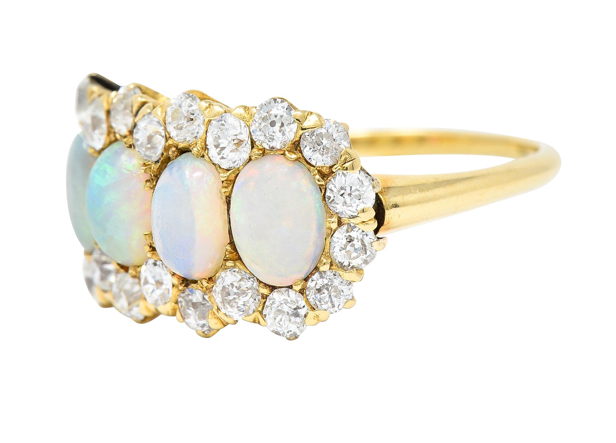 Victorian 1.32 Carats Opal Cabochon Old European Cut Diamond Cluster Ring For Sale 1