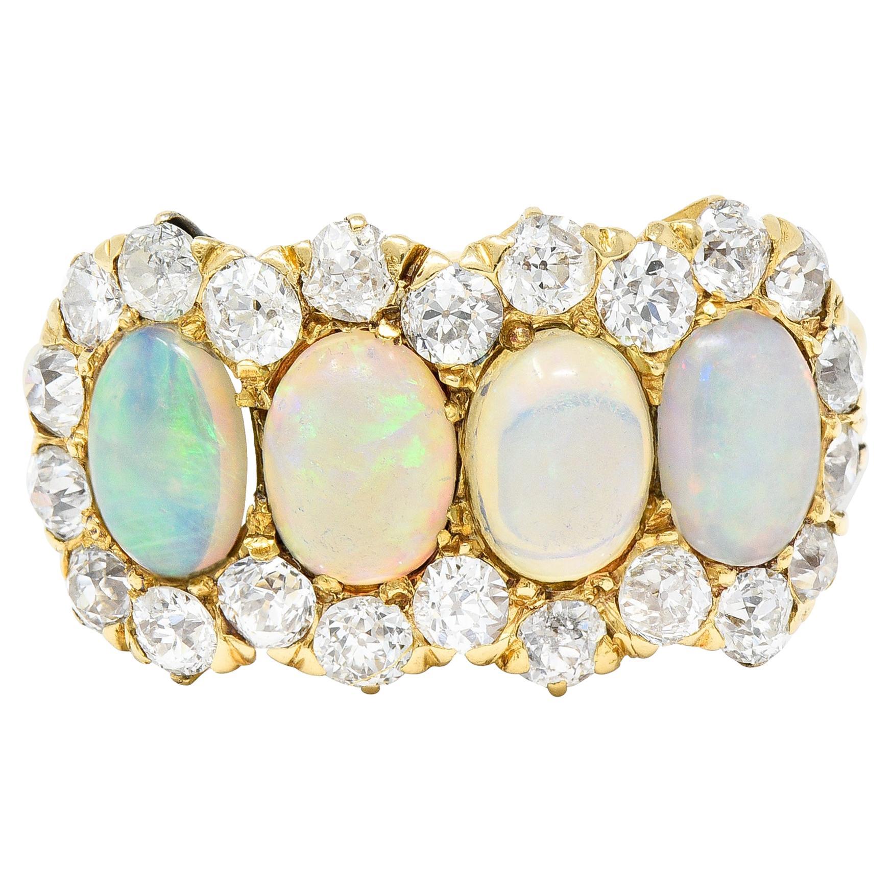 Victorian 1.32 Carats Opal Cabochon Old European Cut Diamond Cluster Ring For Sale