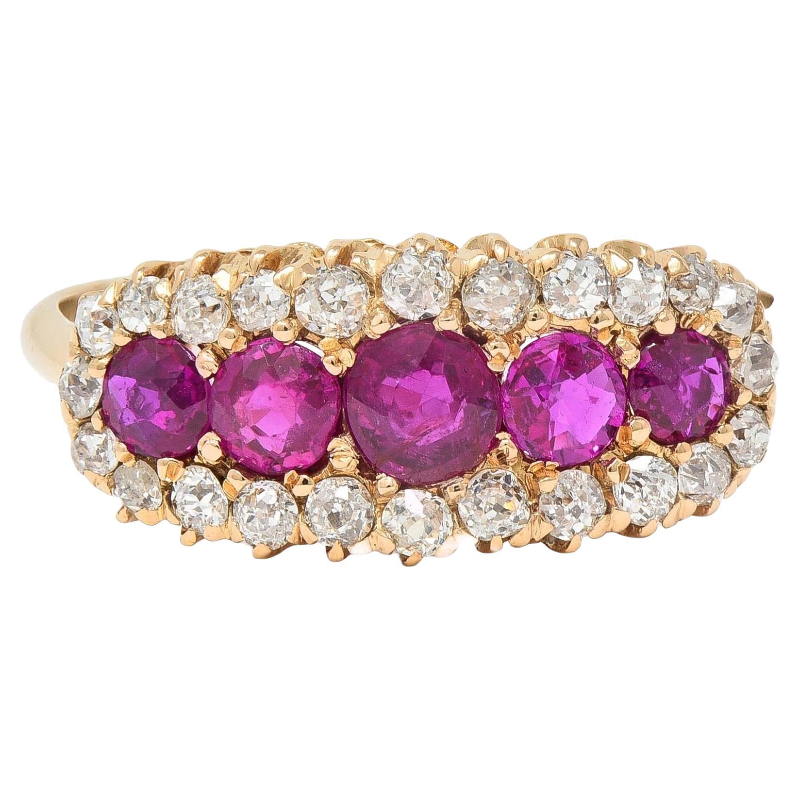 Victorian 1.33 CTW Ruby Diamond 14 Karat Yellow Gold Antique Five Stone Ring